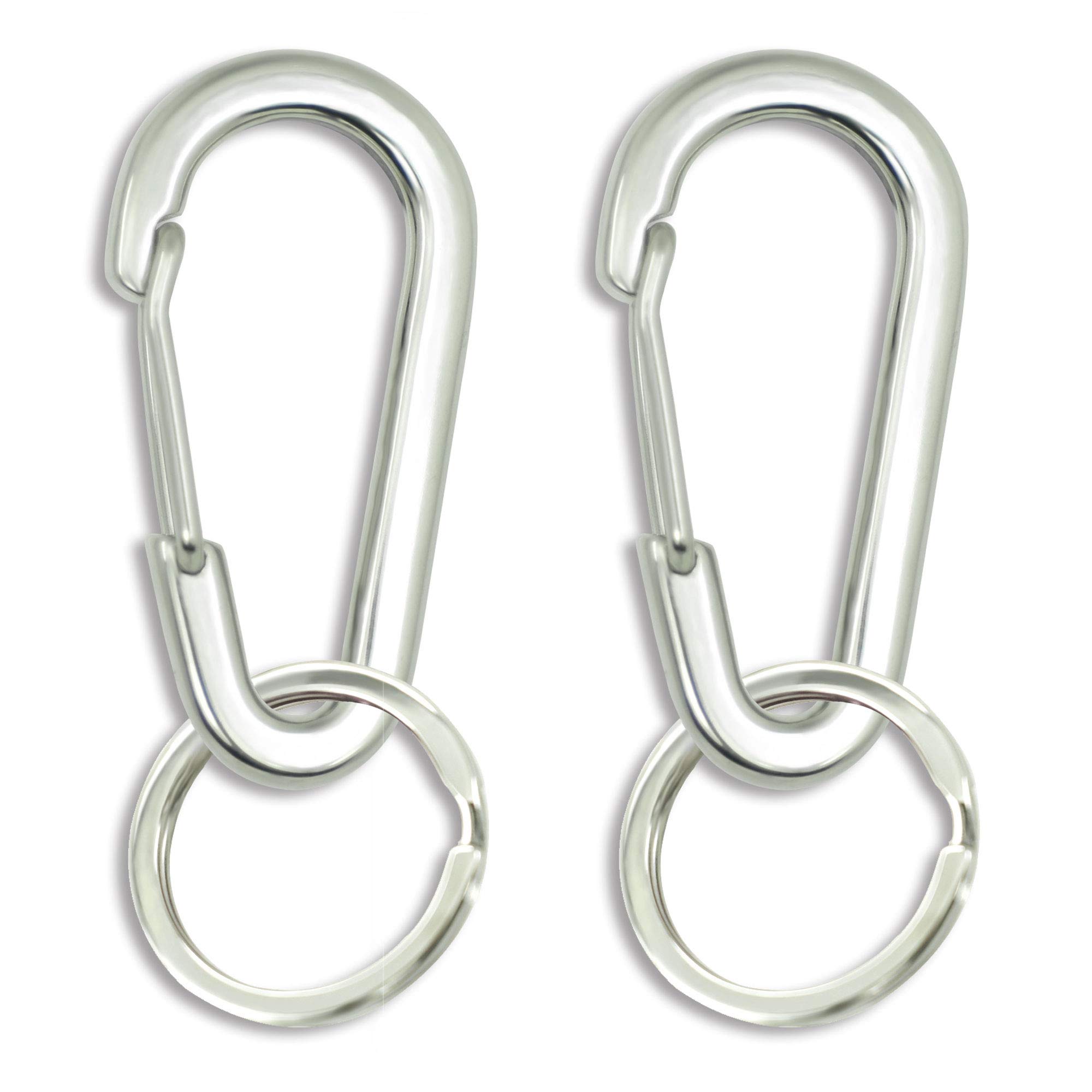 Divoti 2.5" Long Stainless Steel Carabiner Clip Keychain/Belt Clip (Entirely Surgical Stainless Carabineers & Flat Split Rings, (Twin Pack/Polished/Uncoated)