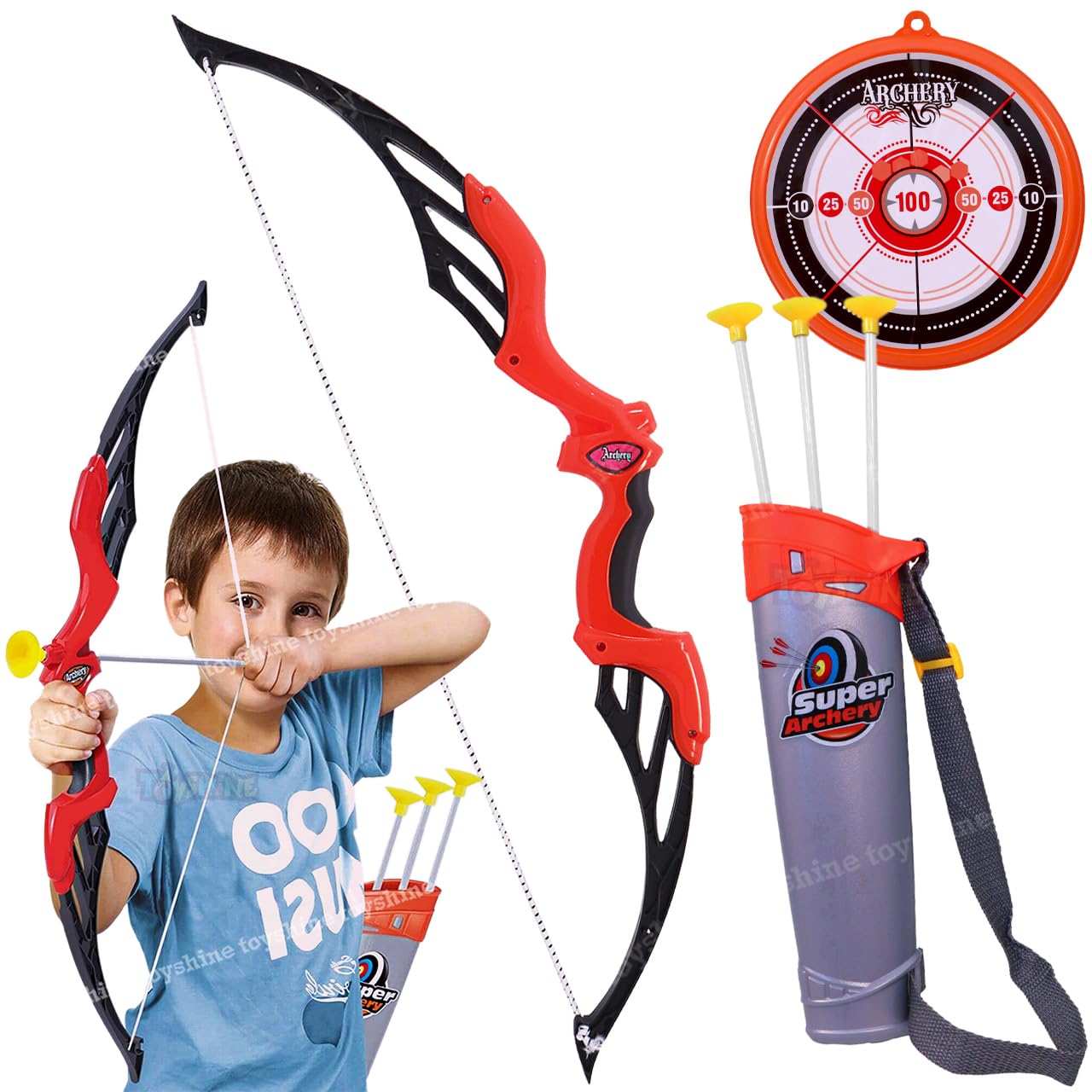 Toyshine Big Size Archer Bow and Arrow Set with Quiver and 3 Suction Arrows and Target (RED)