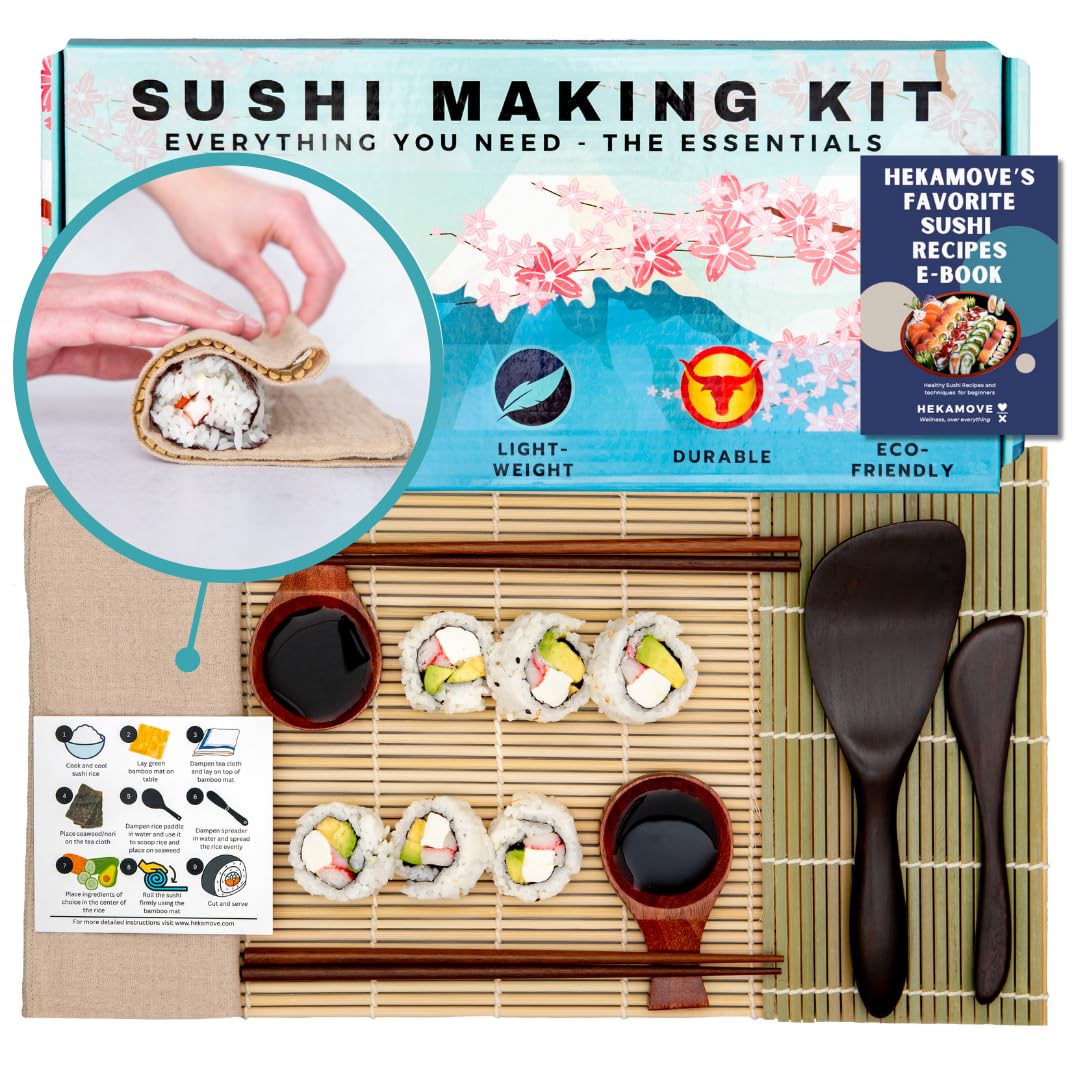 No Plastic Premium Sushi Making Kit for Home, for Beginners or Pro Sushi makers. Made of Premium Wood, includes Tea Cloth, Planet-Friendly - the Best Gift and DIY Home Sushi Kit Experience