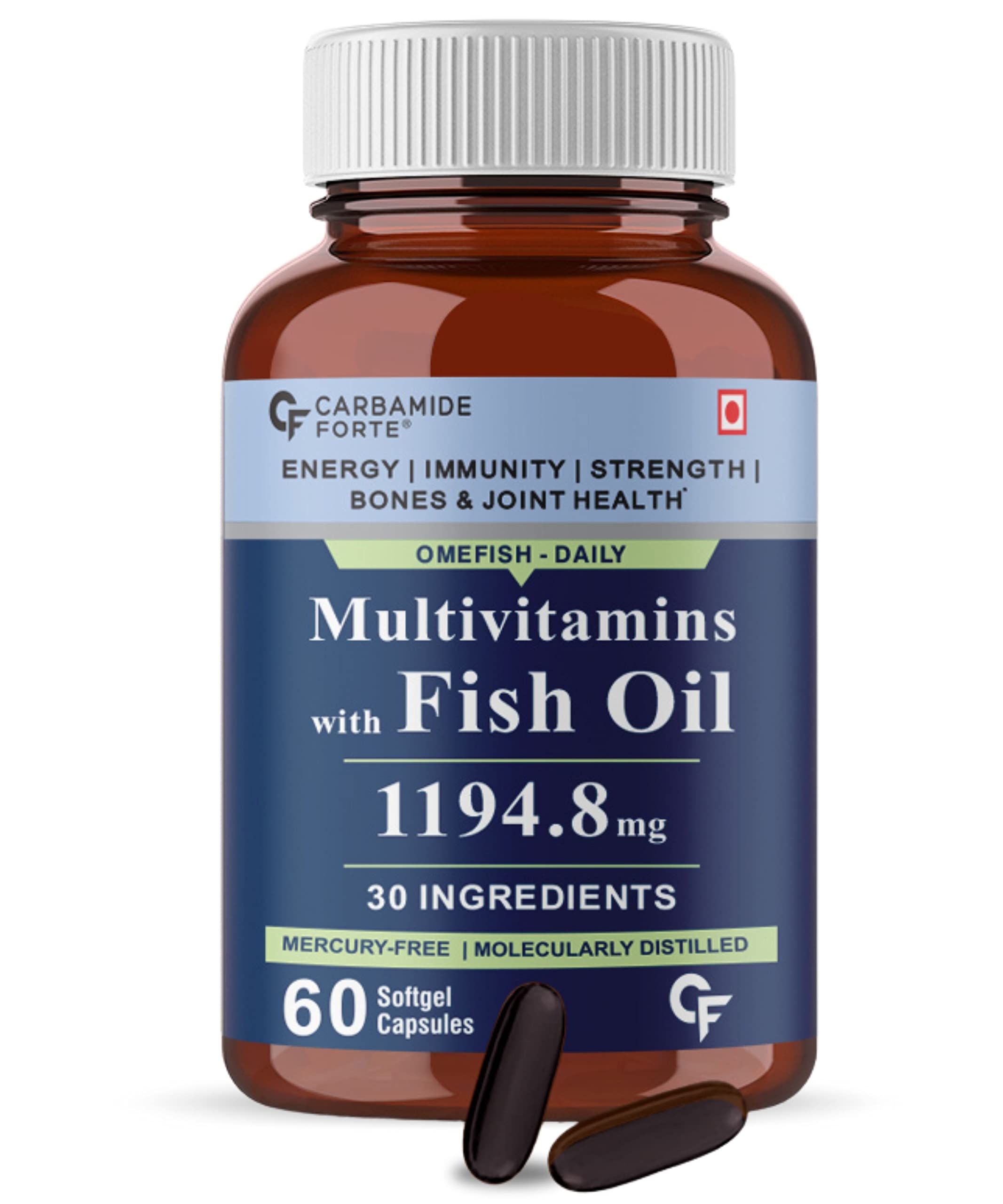 Carbamide Forte Fish Oil with Multivitamin and Omega 3 1194.8mg | 30 Ingredients for Immunity, Energy, Bone & Joint Health - 60 Softgel Capsules