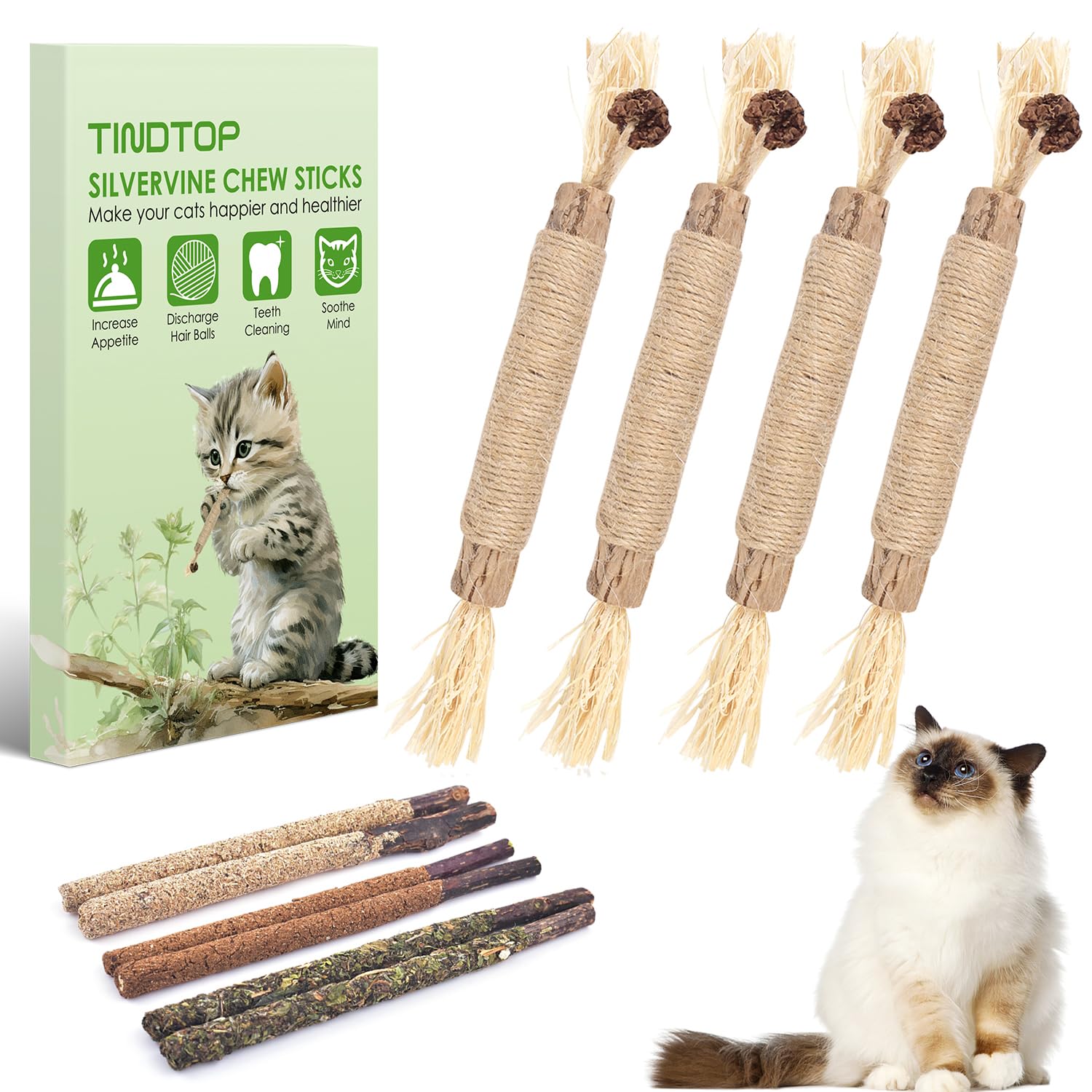 TINDTOP Silvervine Sticks, 10 Pack Natural Catnip Chew Toys for Kittens Teeth Cleaning, Increase Appetite, Calm Anxiety and Stress, Aggressive Chewers Toy