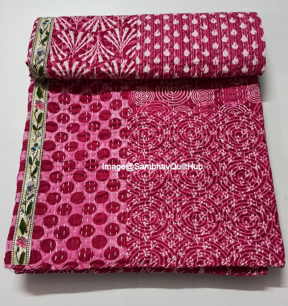 Sambhav Quilt Hub Pink Indigo Print with Less Cotton Handmade Handblock Quilted Blanket Cotton Indigo Print Bedspread Kantha Work Bohemian Bed Decor Block Throw Blanket Twin/King/Queen (108X108 inch)