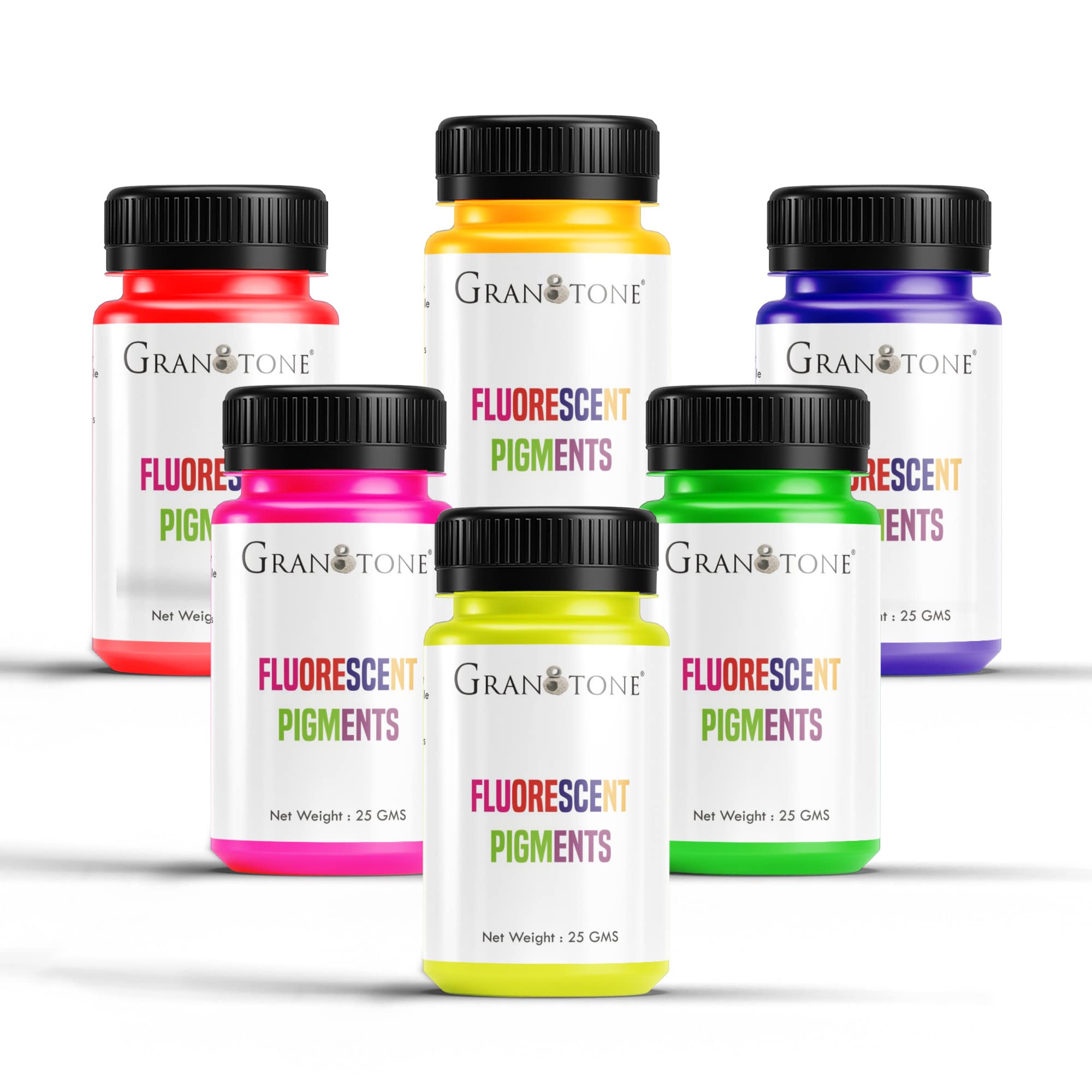 Granotone Fluorescent Pigments - Set of 6 Vibrant Colors for Artwork & Crafts - Easy-to-Use Pigments, for Resin Art | Jesmonite | Concrete | White Cement (Pack of 6/25 Grams Each)