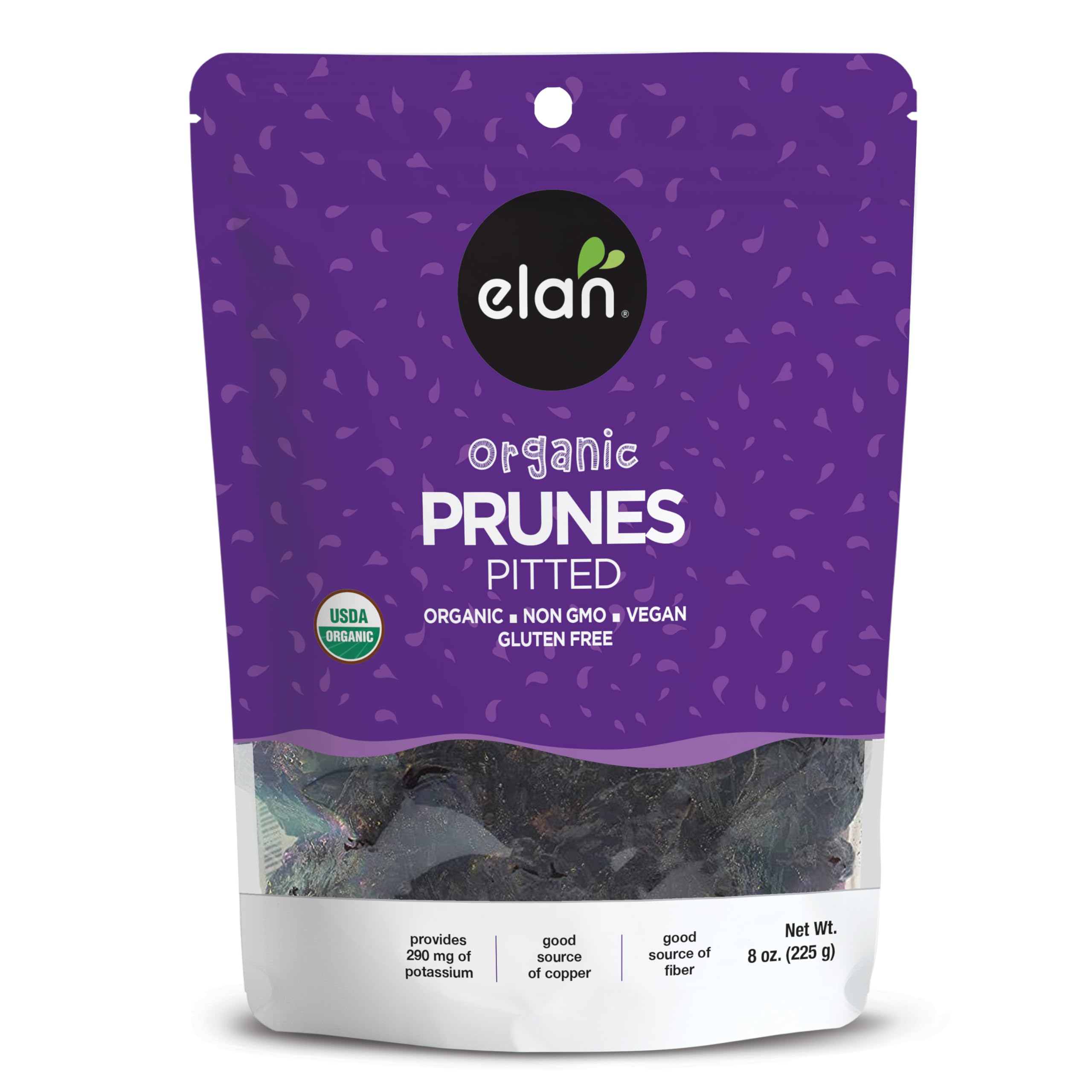 Elan Organic Pitted Prunes, 7.9 oz, Natural Dried Fruit, No Sugar Added, Sulphite-free, Non-GMO, Vegan, Gluten-Free, Kosher, Healthy Snack, Dried Plums