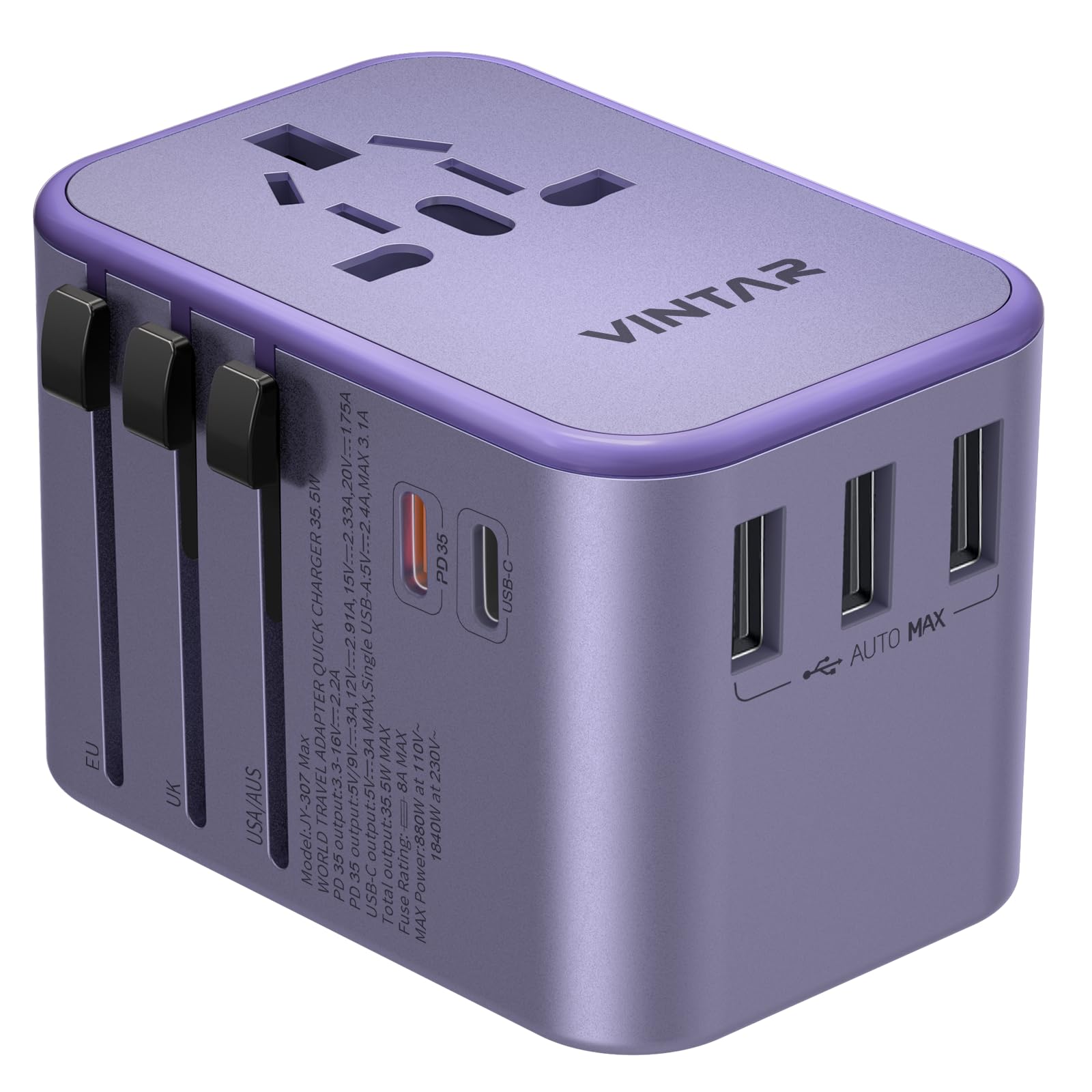 VINTAR Universal Travel Adapter, 35.5W International Power Adapter with 3 USB A QC and 2 USB C PD, All in One Plug Adapter Worldwide Travel Essentials for EU/UK/USA/AUS(Type C/G/A/I), Purple