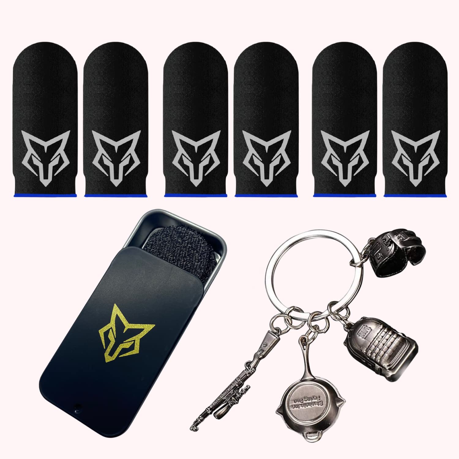 Sarafox V3 Mobile Gaming Finger Sleeves [6 pcs] Metal Case & Iconic PUBG Keychain | Silver Wire Fiber | Ultimate Precision with Anti Sweat and Anti Slip