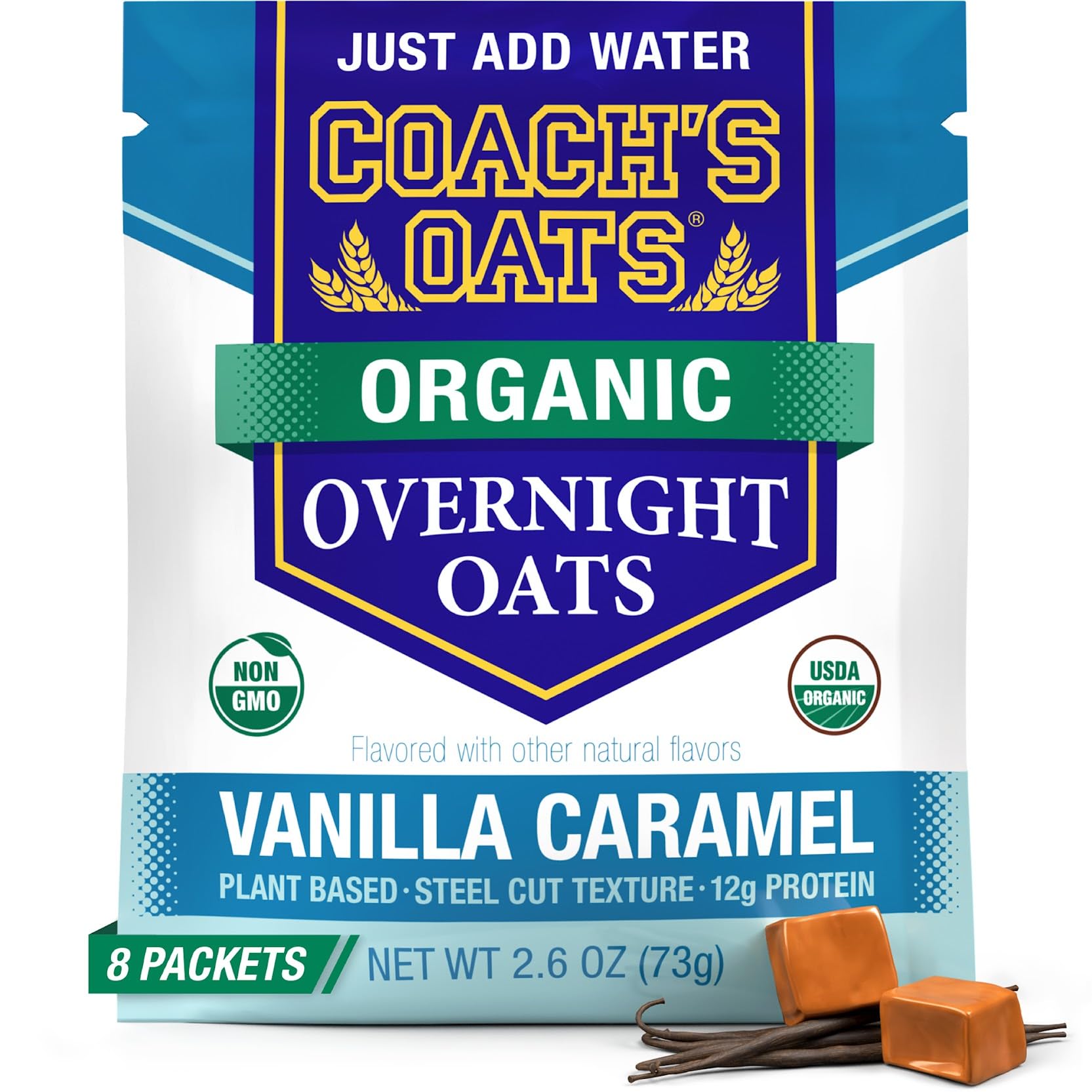 Coach’s Oats Organic Overnight Oats Vanilla Caramel - 8 Packets, 2.6oz | Just Add Water, Steel-Cut Texture, 100% Vegan | Non-GMO, Plant-Based 12g Protein | Designed to Fuel the Athlete in You!