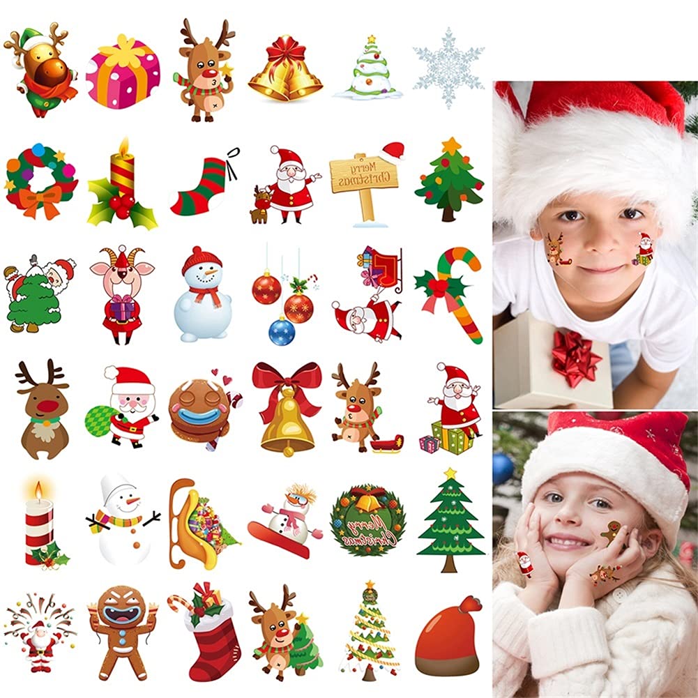 144 PCS Assorted Christmas Temporary Tattoos, Waterproof Body Face Stickers Birthday Stocking Stuffed Xmas Gifts Party Favors for Adults Kids, 72 Patterns