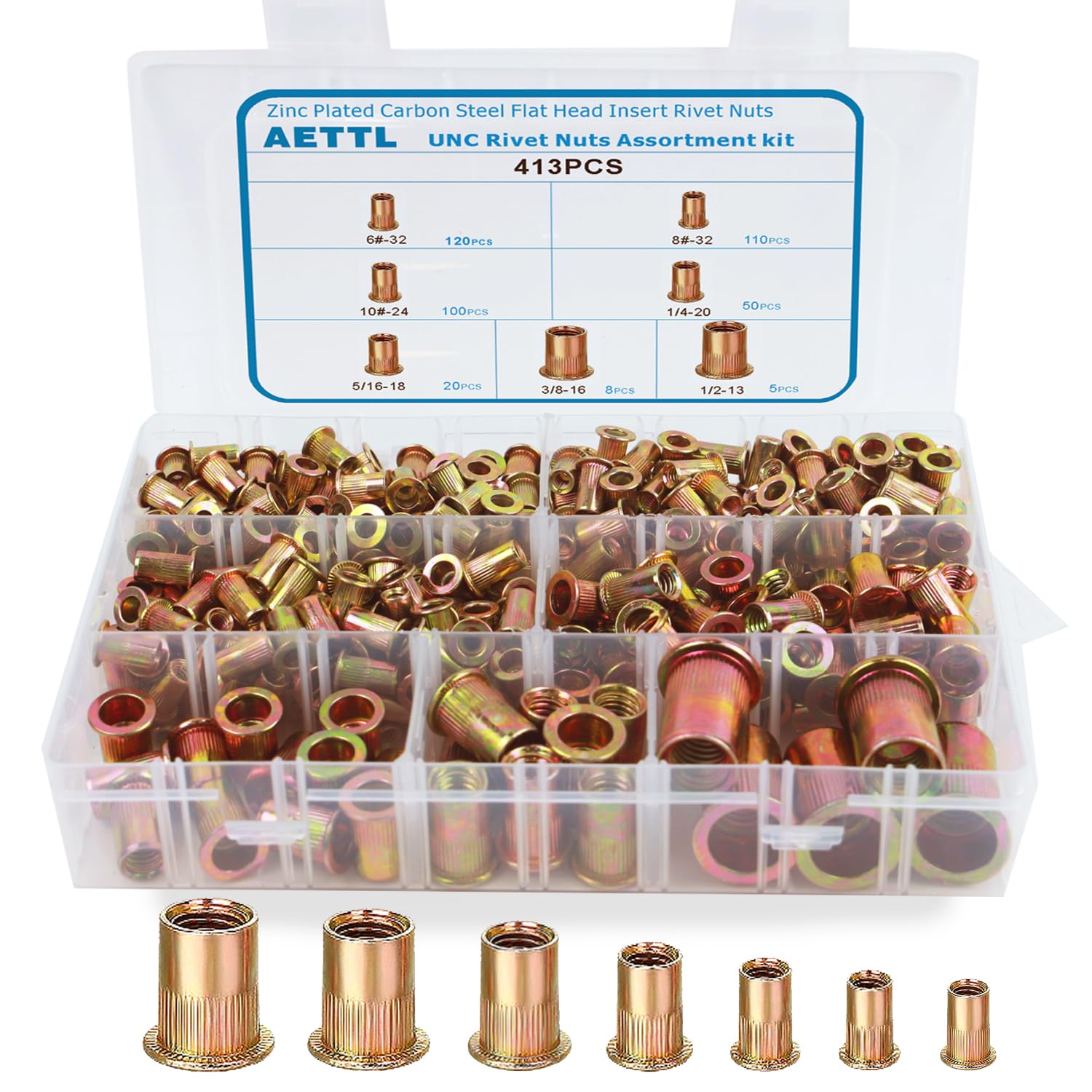 Rivet Nuts Kit, AETTL 413pcs SAE UNC Rivet Nuts Assortment, Zinc Plated Finish, Carbon Steel Flat Head Rivet Nut Kit with Case 6#-32,8#-32,10#-24,1/4-20, 5/16-18, 3/8-16, 1/2-13