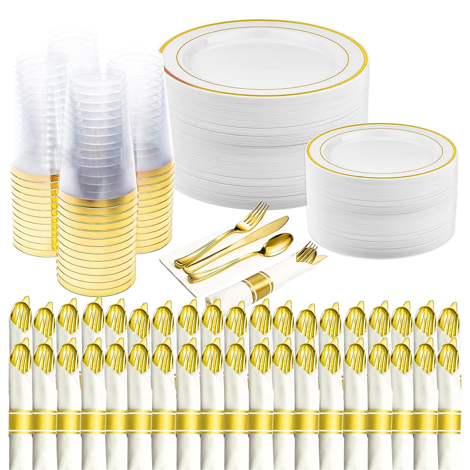 Prestee 350-Piece Engagement Party Decorations Disposable Dinnerware Set for 50 Guests - Fancy Plastic Dinnerware Sets with Plates, Cups, Forks, Knives, Spoons - White and Gold Dinnerware Set