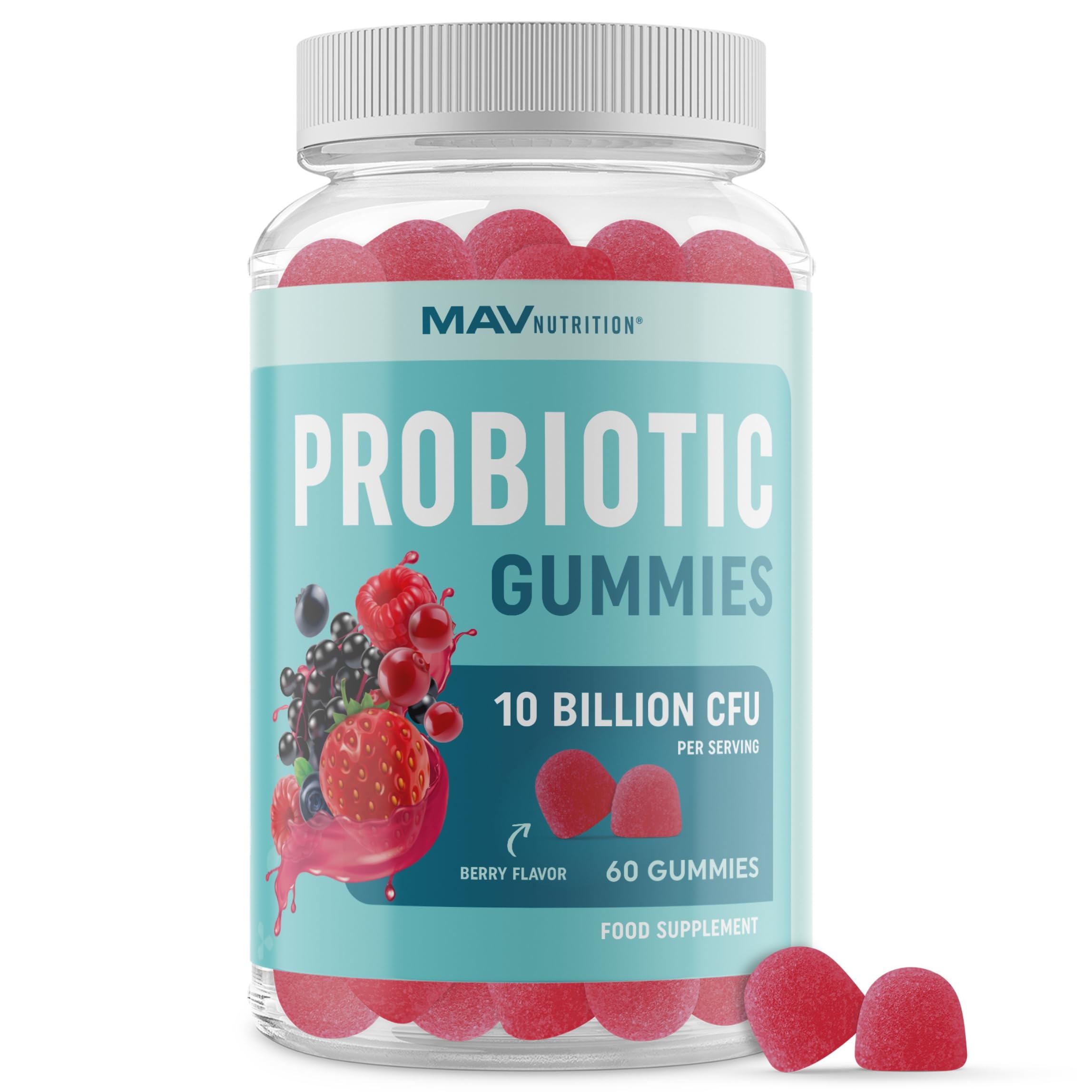 Probiotic Gummies with Vitamin C and Folic Acid | 5 Billion CFU Probiotics | Gut Health, Digestion, & Immune System Support | Gluten-Free, Non-GMO, Berry Flavor | 60 ct.