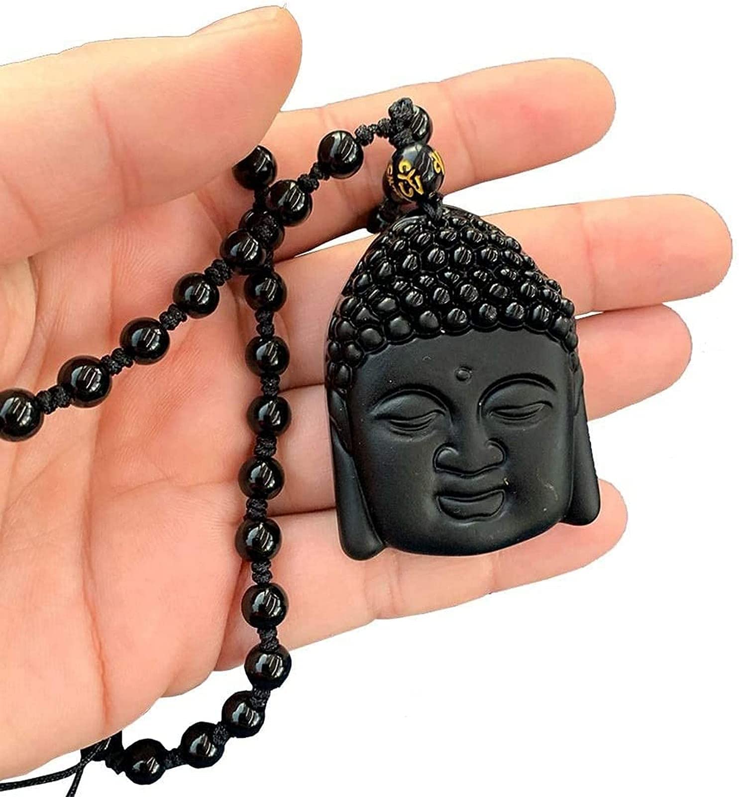 Shakyamuni Buddha Statue Head Natural Amulet/Talisman, Black Obsidian Carved Buddha Head Pendant with Bead Lucky Amulet Necklace for Men Women Good Life