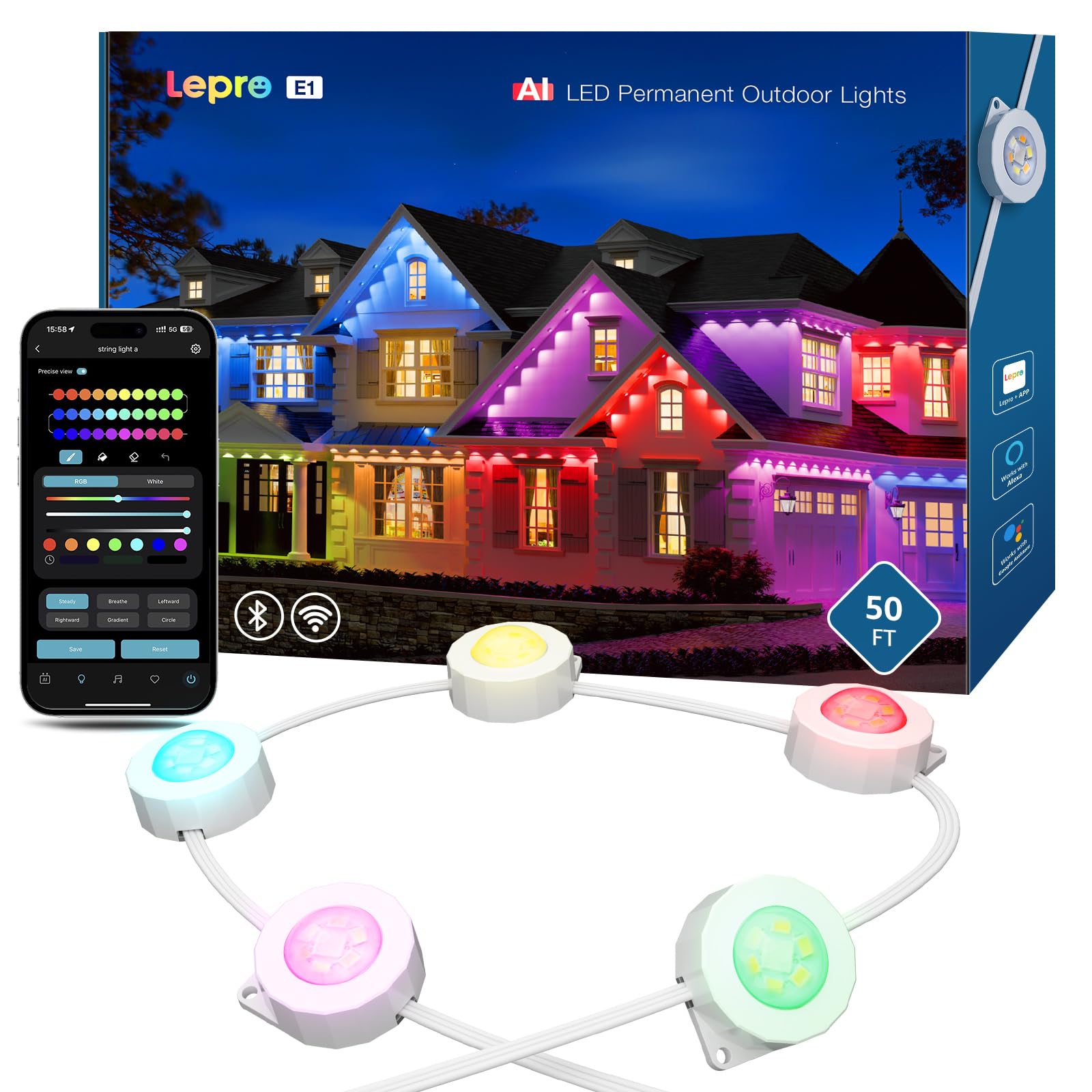 LeproE1 AI Permanent Outdoor Lights 50ft, Smart Outdoor Lights Waterproof, Tunable White, AI Generated Lighting LLM, Colour Changing Smart Eaves Lights, Works with Alexa & Google, Bluetooth & WiFi