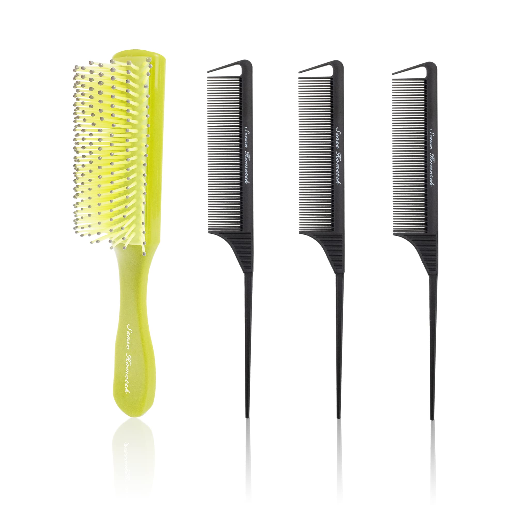 Styling Hair Brush Set for Curly Hair including a 9-Row Detangling Brush and 3 Parting/Sectioning Combs for Women, Men, Kids with Thick, Long, Short, Wavy, Straight, Wet, or Dry Hair Types