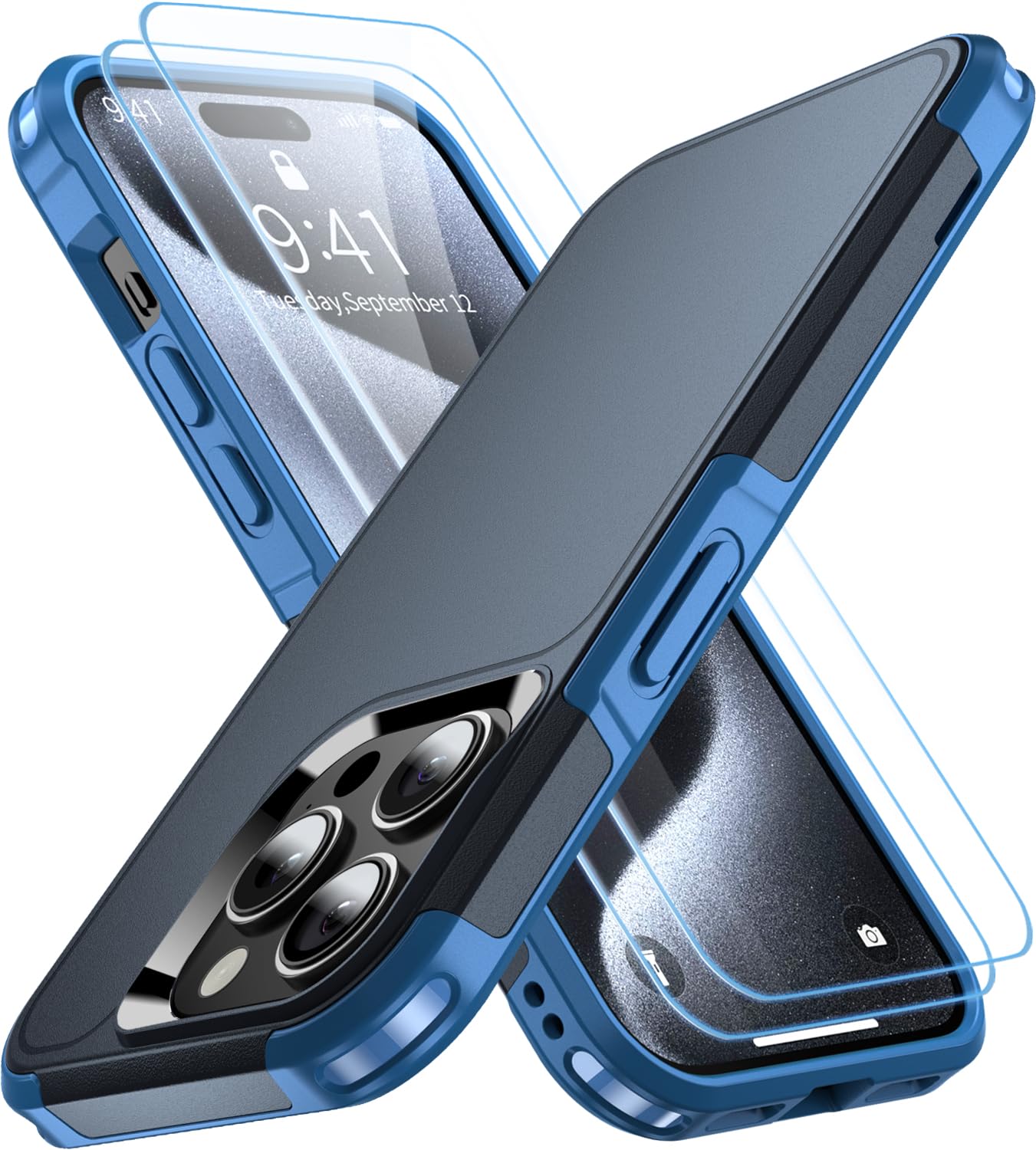 AEDILYS Shockproof for iPhone 15 Pro Case,[18 FT Military Grade Drop Protection],with 2X[Tempered Glass Screen Protector ] with Air Bumpers Full-Body Protective Phone Case, Royal Blue