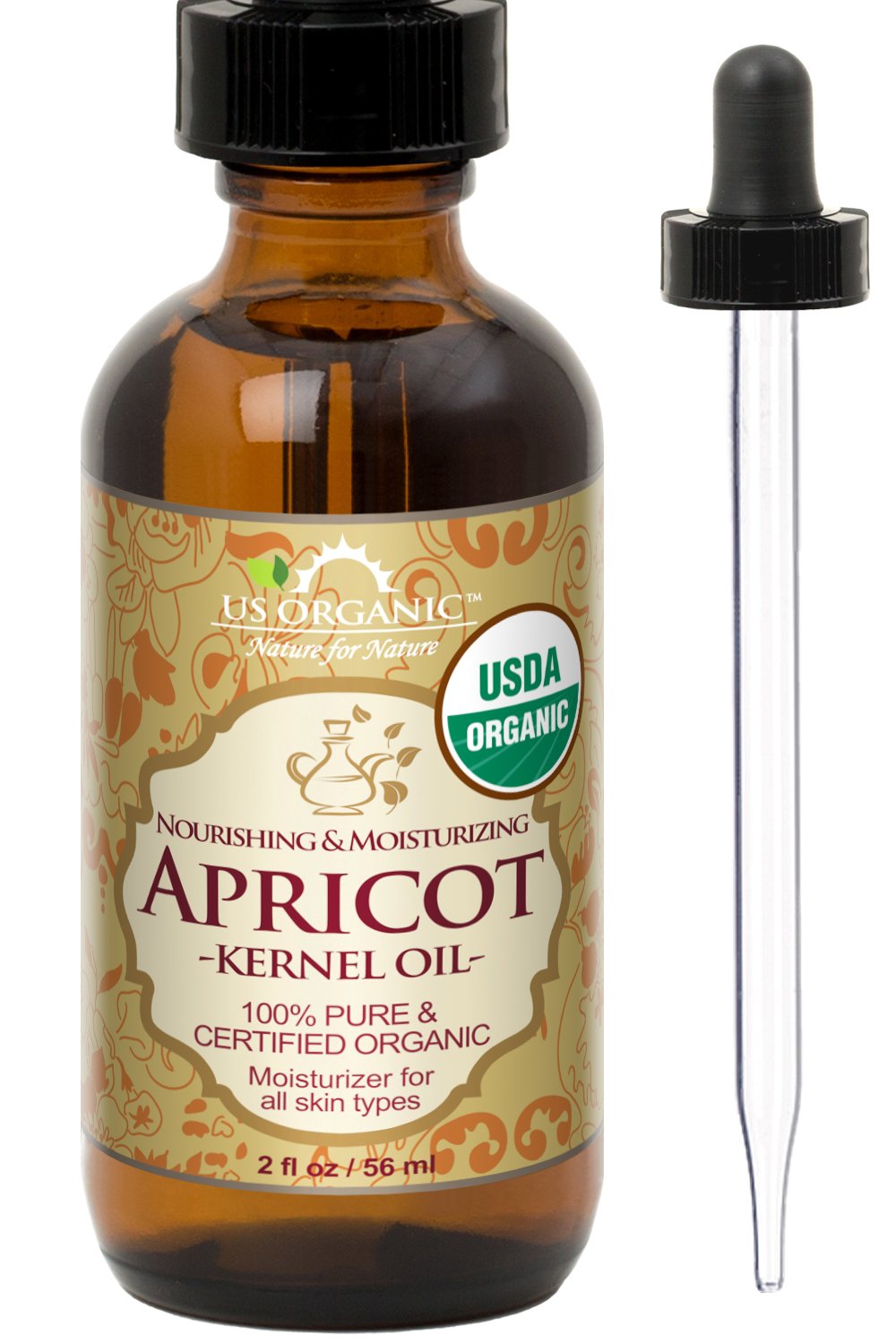 US Organic Apricot Kernel Oil, USDA Certified Organic,100% Pure & Natural, Cold Pressed Virgin, Unrefined in Amber Glass Bottle w/Glass Eyedropper for Easy Application (2 oz (56 ml))