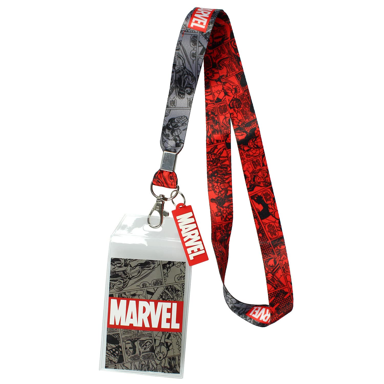 Bioworld Marvel Lanyard ID Badge Holder, 2" Rubber Charm Pendant with Raised Script and 2 Sided Vintage Comic Strip Pattern - One Size