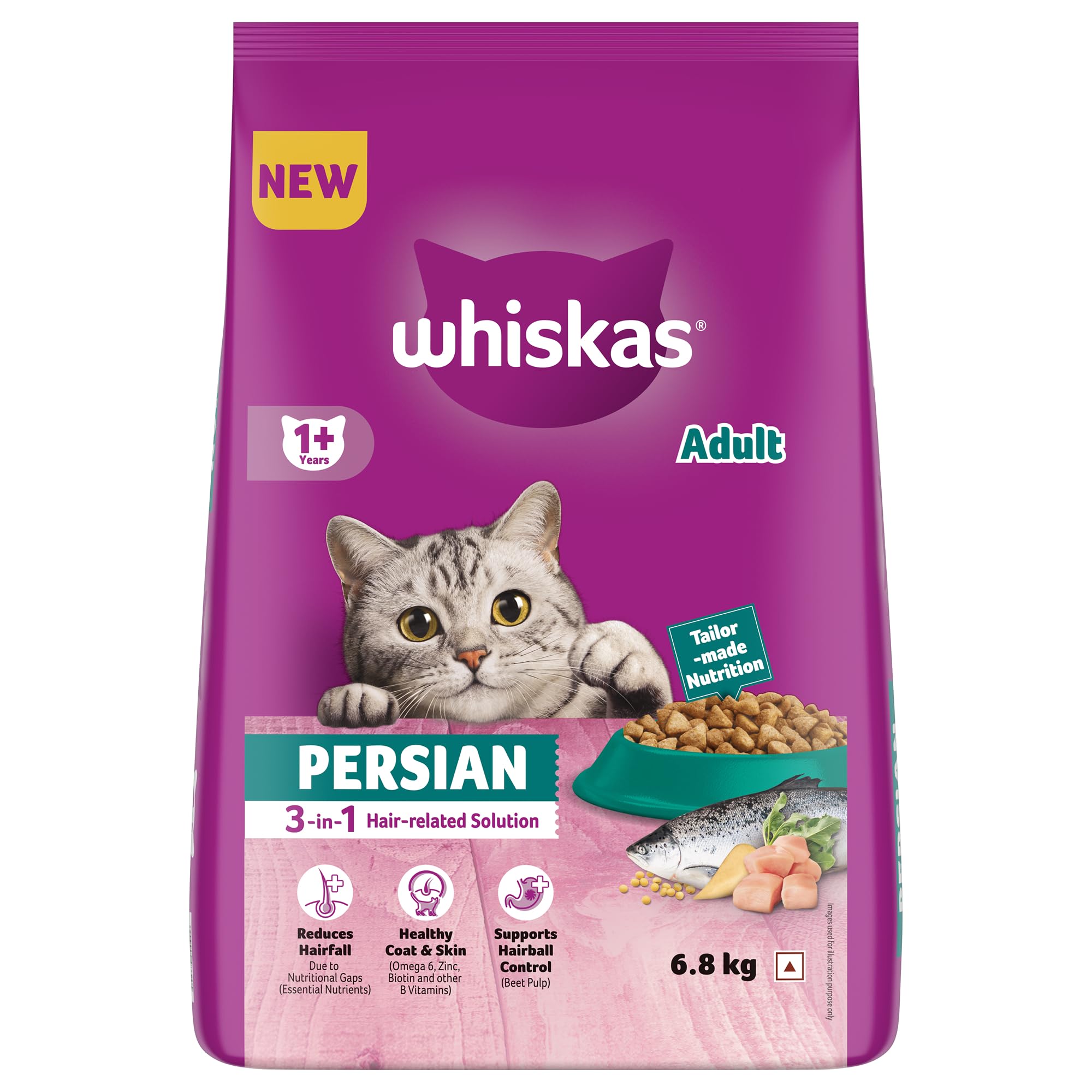 Whiskas Persian Adult (1+ Years) Dry Cat Food, 6.8kg, 100% Complete & Balanced Tailor Made Nutrition, Reduces Hairfall, for Healthy Coat & Skin