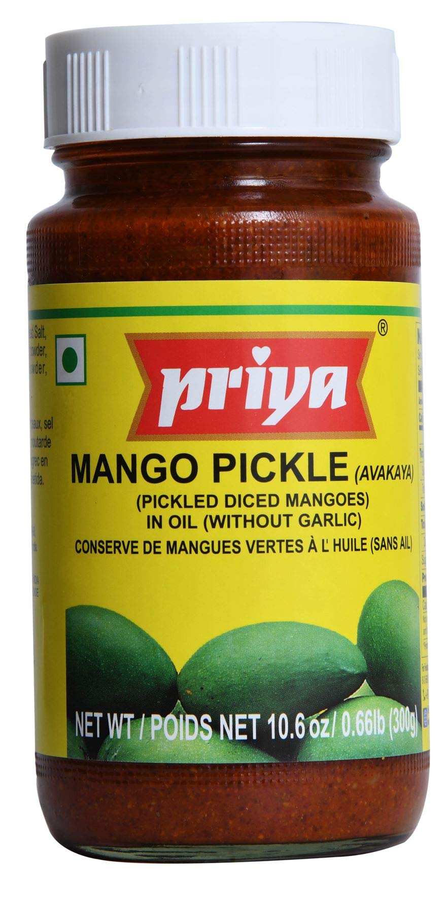 PriyaMango Pickle Avakaya | Traditional Indian Pickle | Great Flavour | Tasty with Poppadums, Chapathi and Dhal | Spicy & Sour | Vegan | 300g Jar