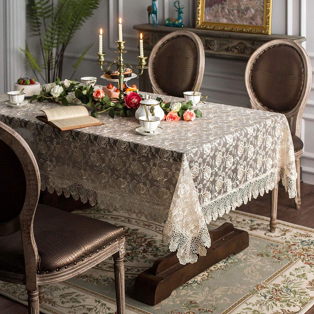 ARTABLE Tablecloth Champagne Rectangular Lace with Vintage Floral Design Transparent Gauze Fabric Embroidered Oblong Table Cloth for Wedding Holiday Long Dinner Tables (Champagne, 140x180cm)