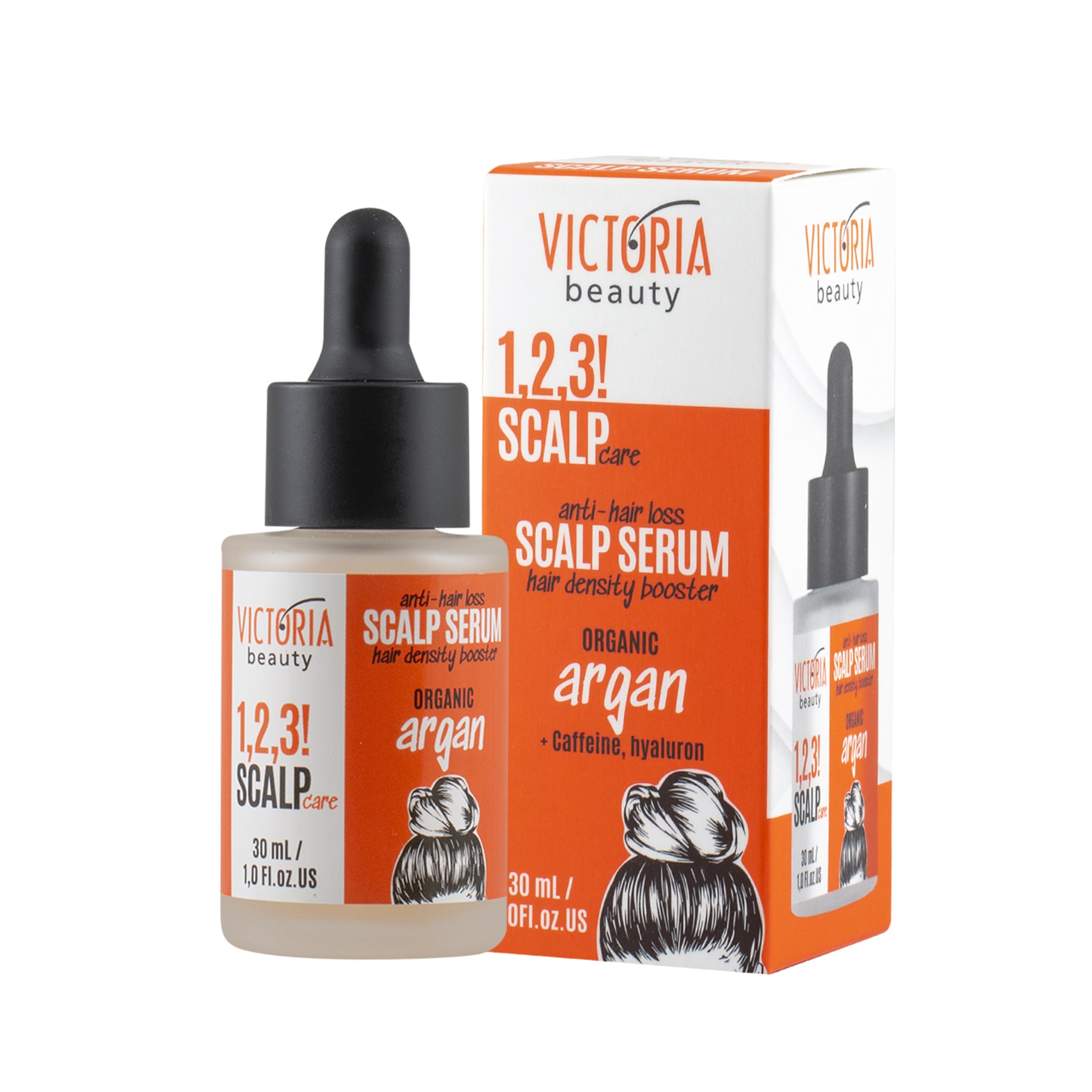 Victoria Beauty 1,2,3! Scalp Care! Caffeine Hair Loss Scalp Serum - Hair Thickener & Hair Growth Serum for Women and Men with Hyaluronic Acid, Argan and Guarana Extracts, 30ml