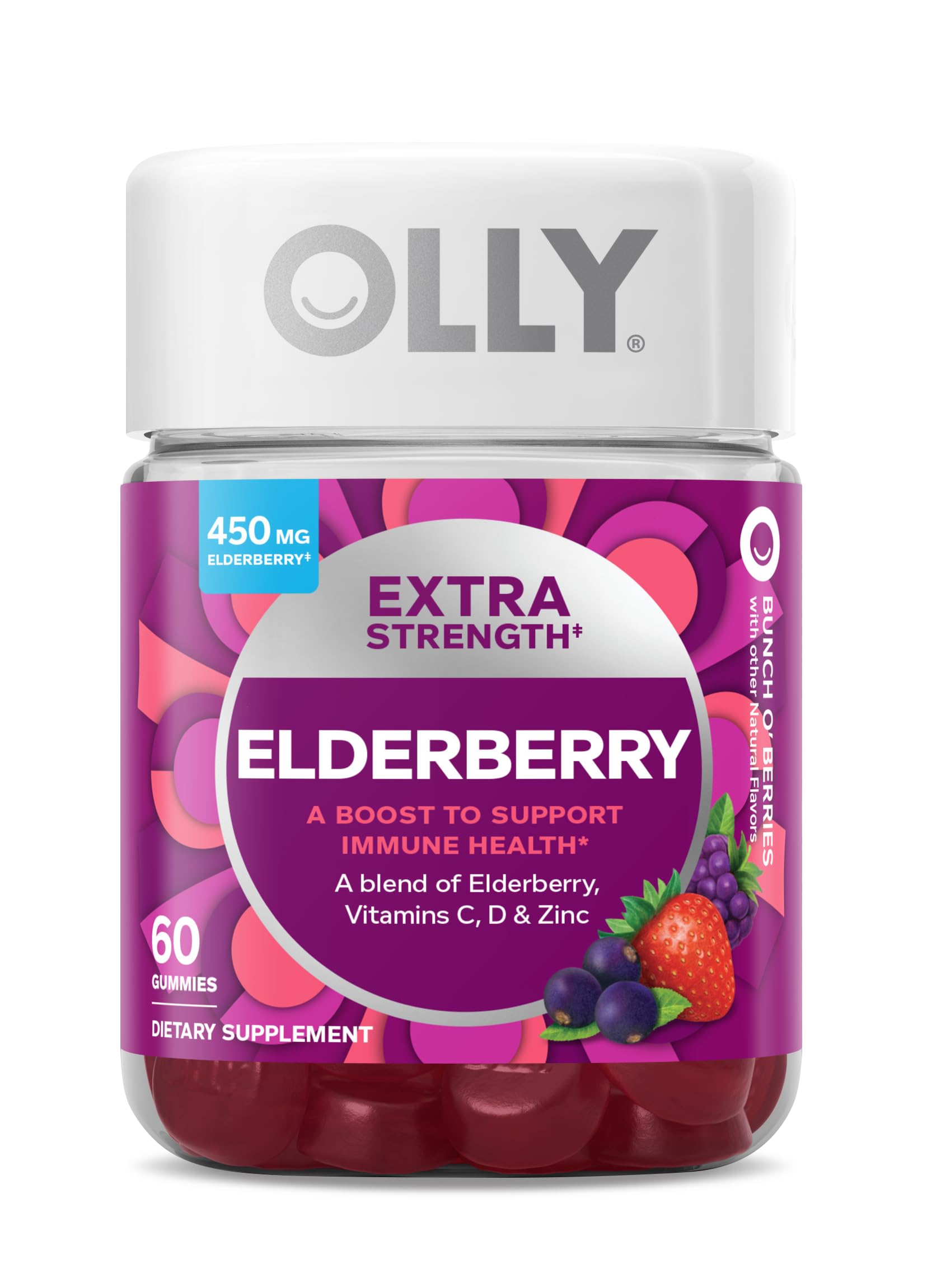 OLLY Extra Strength Elderberry Gummies, Immune Support, 450mg Elderberry, Vitamin C, D and Zinc, Berry - 60 Count