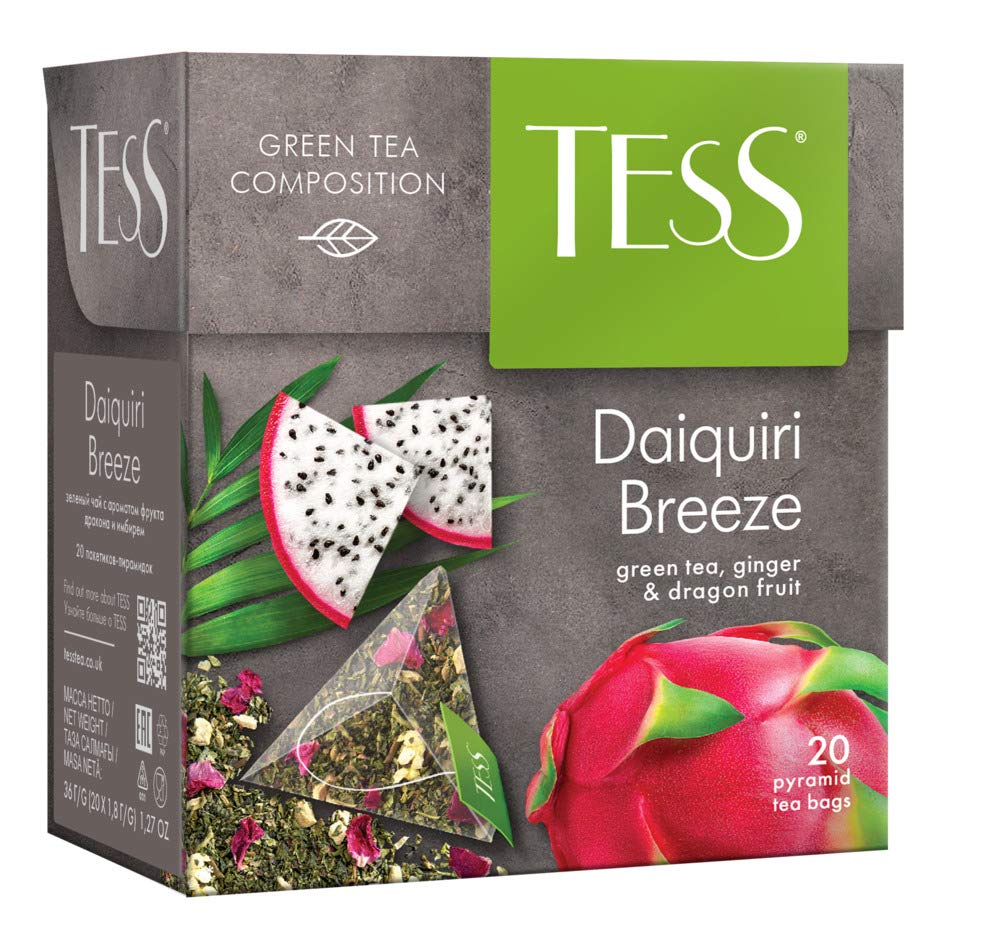 TessDaiquiri Breeze Green Tea Composition Green Tea, Ginger and Dragon Fruit Leaf Tea in 20 Pyramid Sachets