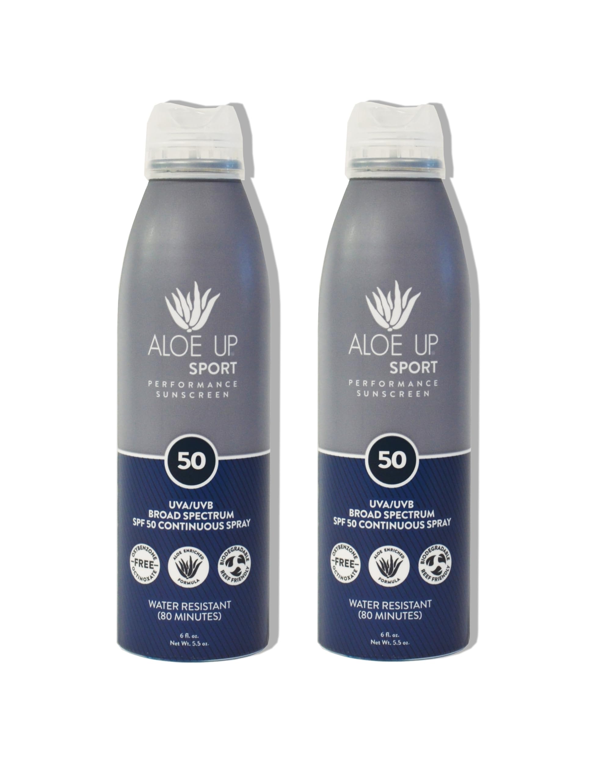 Aloe Up Sport Continuous Spray Sunscreen SPF 50- Broad Spectrum UVA/UVB Sunscreen Protector for Face and Body With Aloe Vera Gel Fast Absorbing Sheer Formula Reef Safe Fragrance-Free - 6 Oz 2 pack