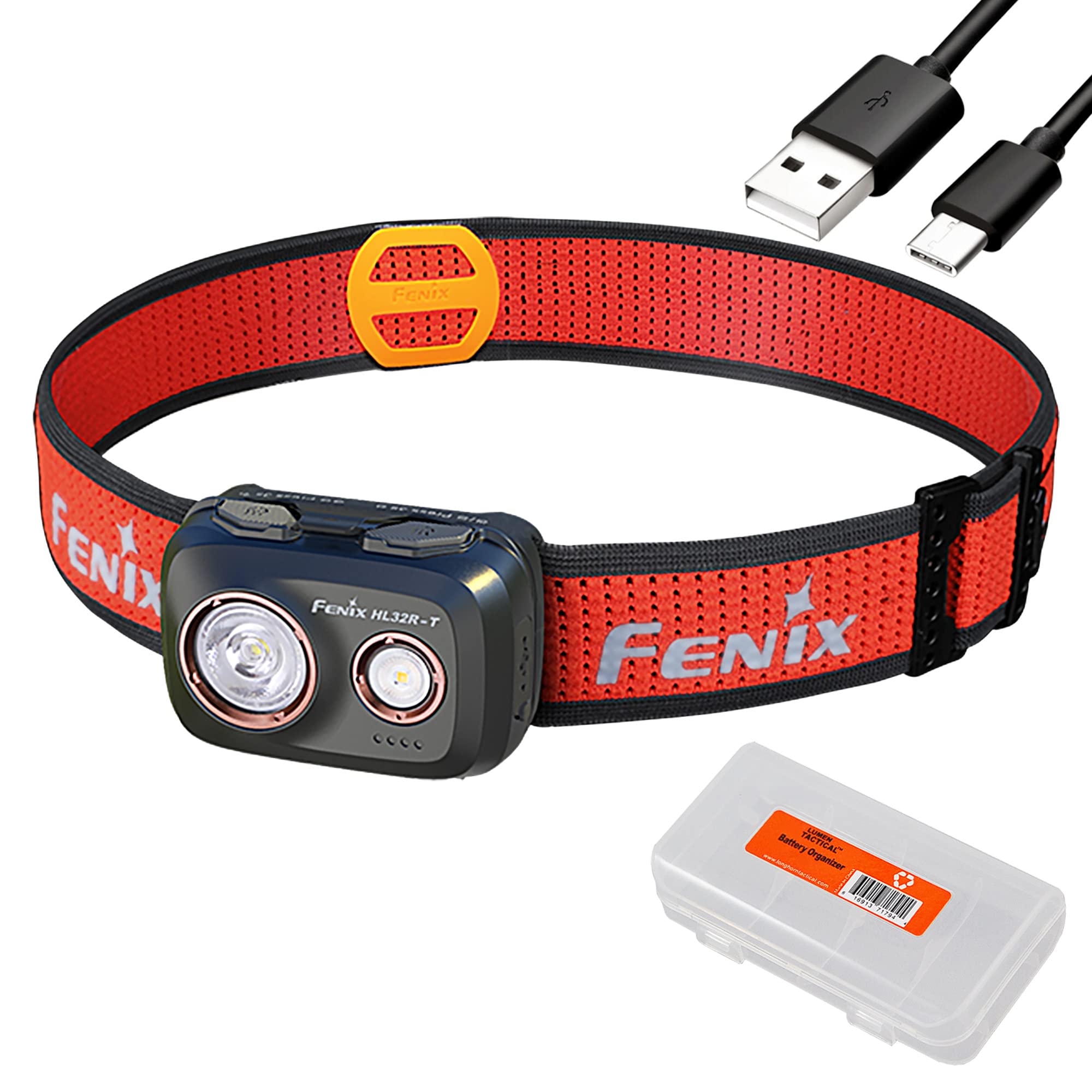 FenixHL32R-T Trail Running Headlamp, 800 Lumen USB-C Rechargeable Lightweight Bright with Spotlight and FloodLight Dual Beam and a LumenTac Cable Organizer (Black)