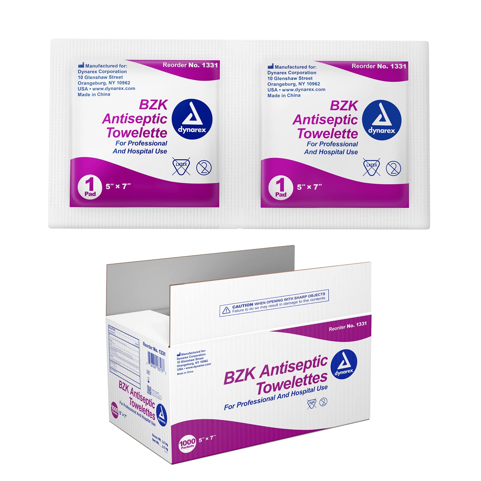 DynarexBZK Antiseptic Towelettes - 5"x7" - With Benzalkonium Chloride Formula, Hand Sanitizing Wipes or First Aid Wound Wipes, 1 Case of 1000