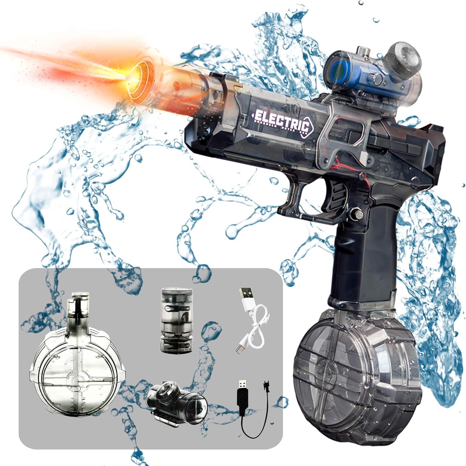 Ultimate Battle Blaster Electric Water Guns with Realistic Gun Muzzle Flame High Capacity Squirt Guns Water Pistol Summer Beach Swimming Pool Party Toy for Adults & Kids ages 8-12 (Black)