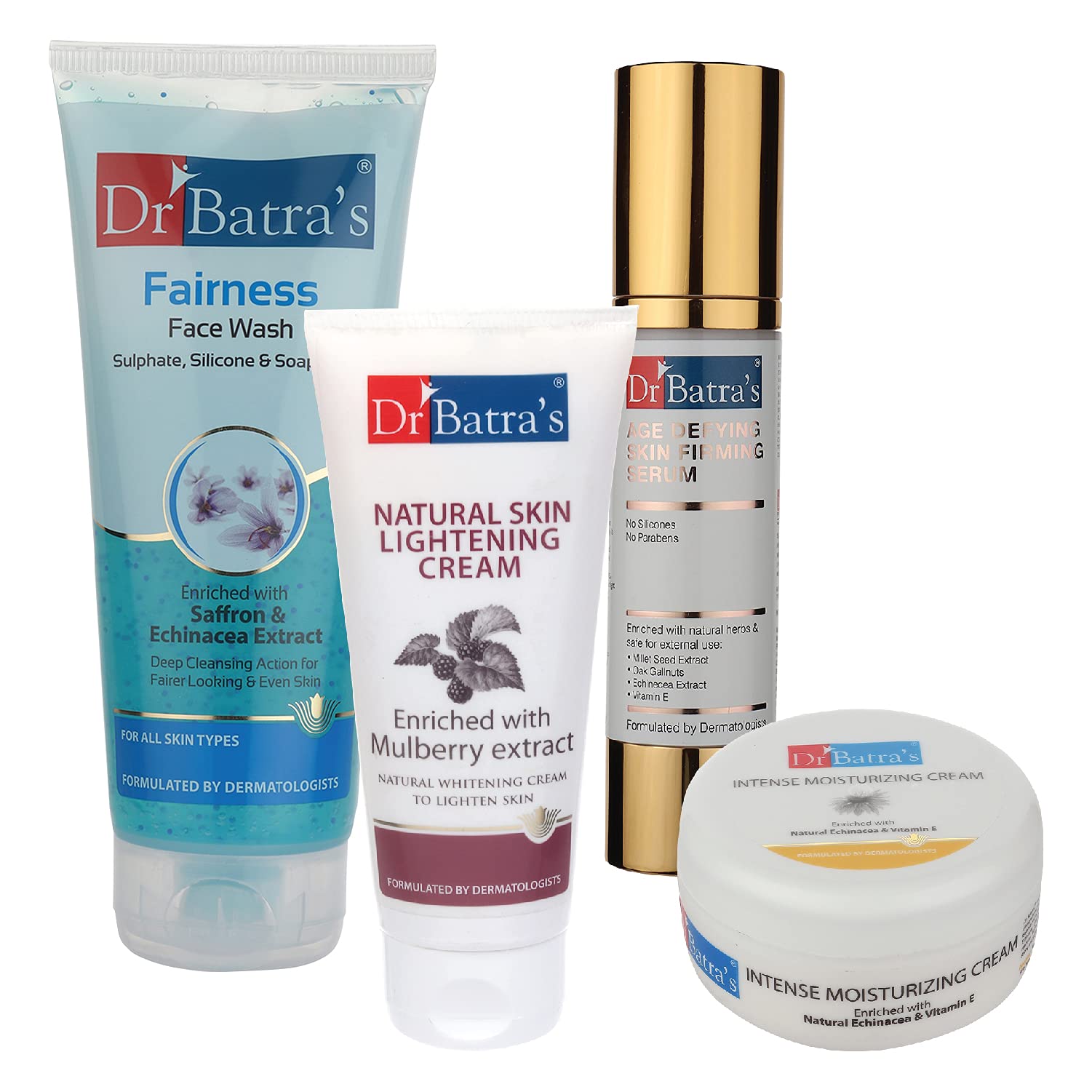 Dr Batra'sAge Defying Skin Firming Serum - 50 G, Fairness Face Wash 200 gm ,Natural Skin Lightening Cream - 100 gm and Intense Moisturizing Cream -100 G (Pack of 4)