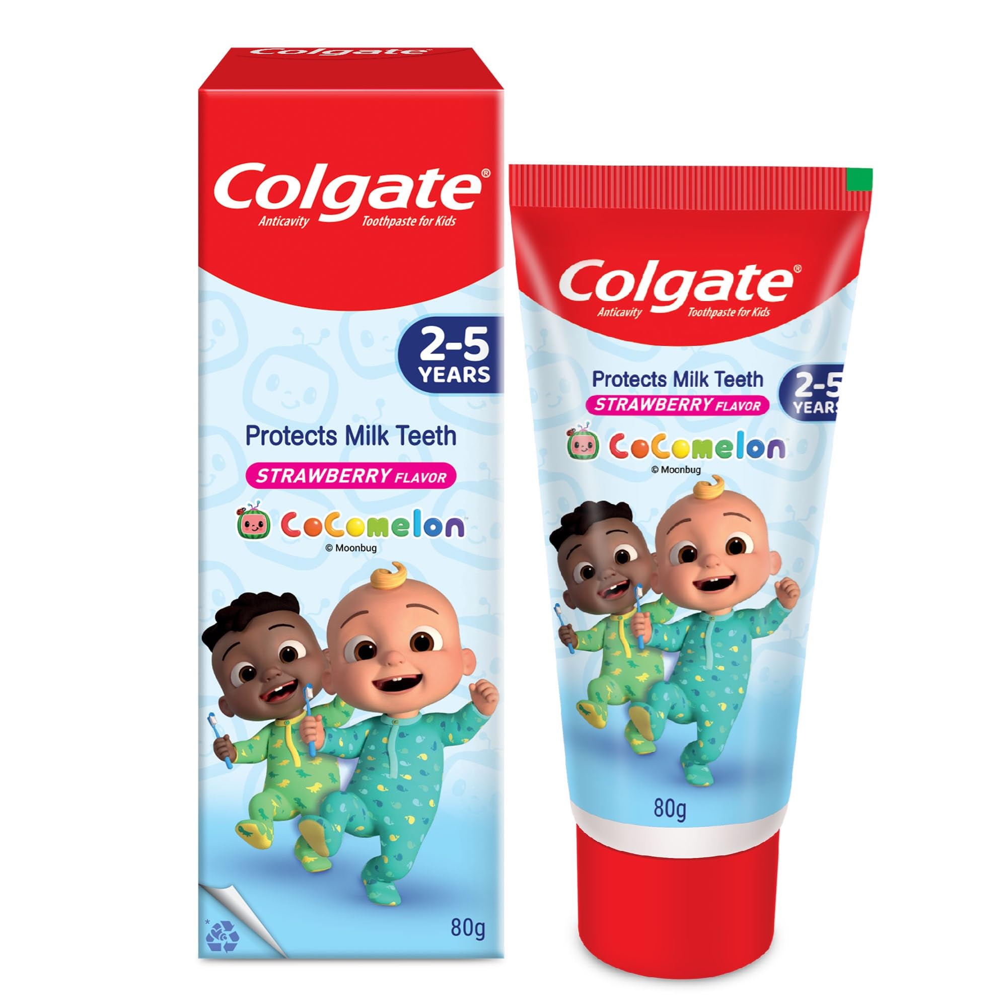 Colgate Kids Cocomelon Toothpaste for 2-5 Years - 80gm, 50% Lesser Abrasive Tooth Paste Formula for Cavity Protection of Milk Teeth (Strawberry Flavour)