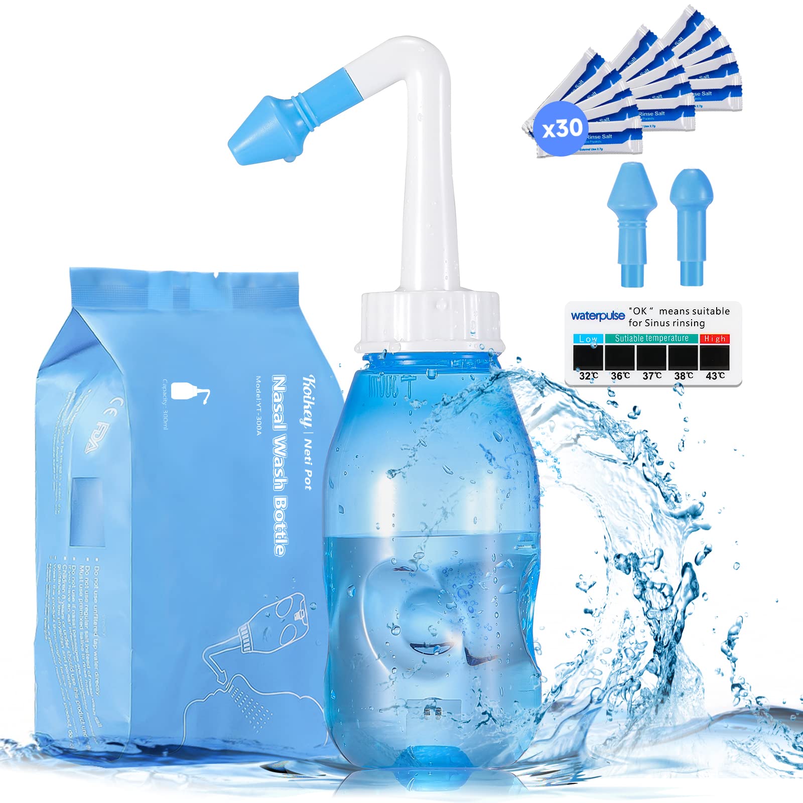 Neti Pot,Sinus Rinsing Nasal Wash 300ML Nasal Irrigation with 30 Nasal Wash Salt Packets and Sticker Thermometer，Nose Washing Cleaner Bottle Cleaner Pressure Irrigation for Adult & Kid BPA Free