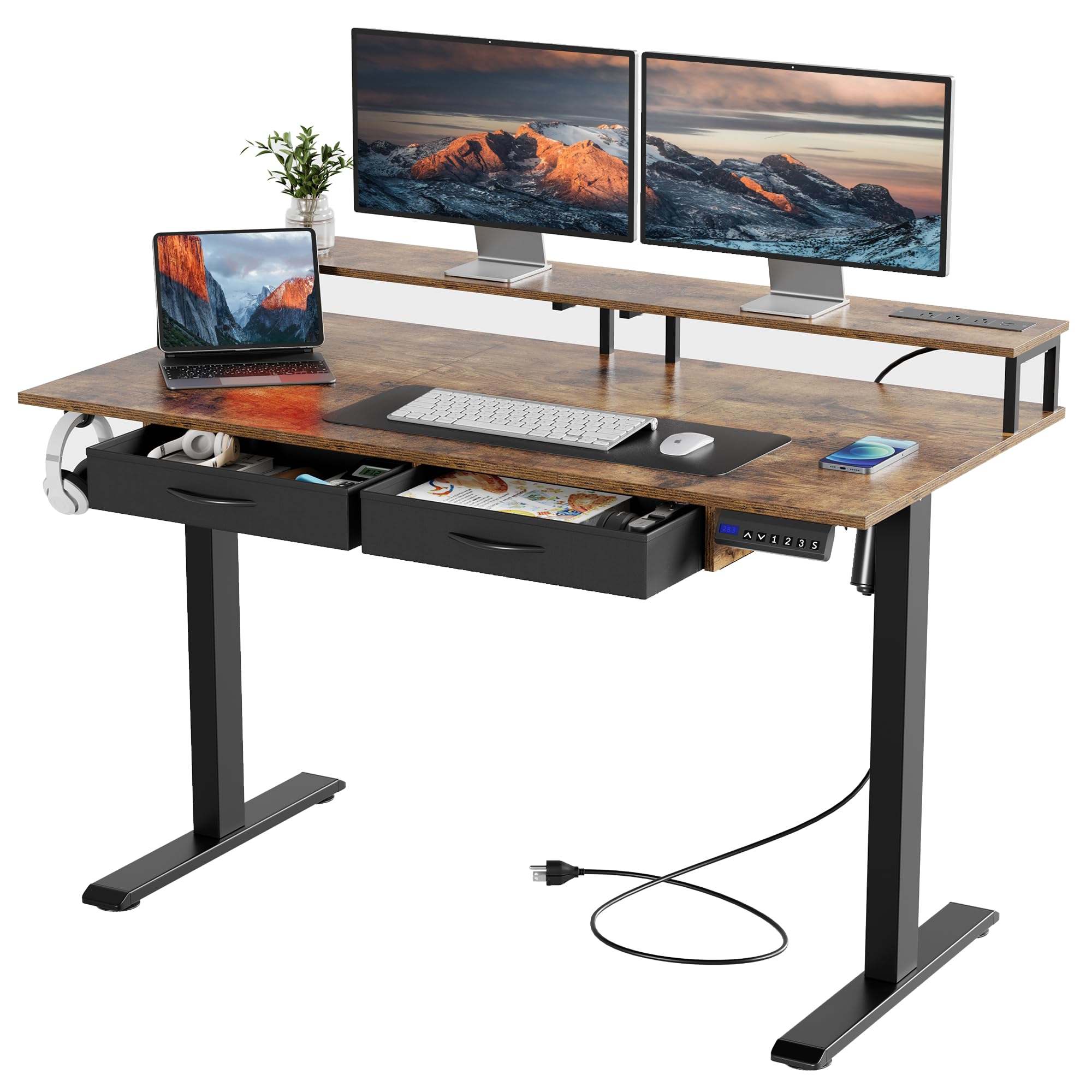 Mr IRONSTONE Electric Standing Desk with Monitor Shelf and Drawers, 47" x 27" Height Adjustable Desk with 3 AC Outlets & 2 USB Ports, Sit Stand Up Desk Home Office Computer Desk (Rustic Brown)