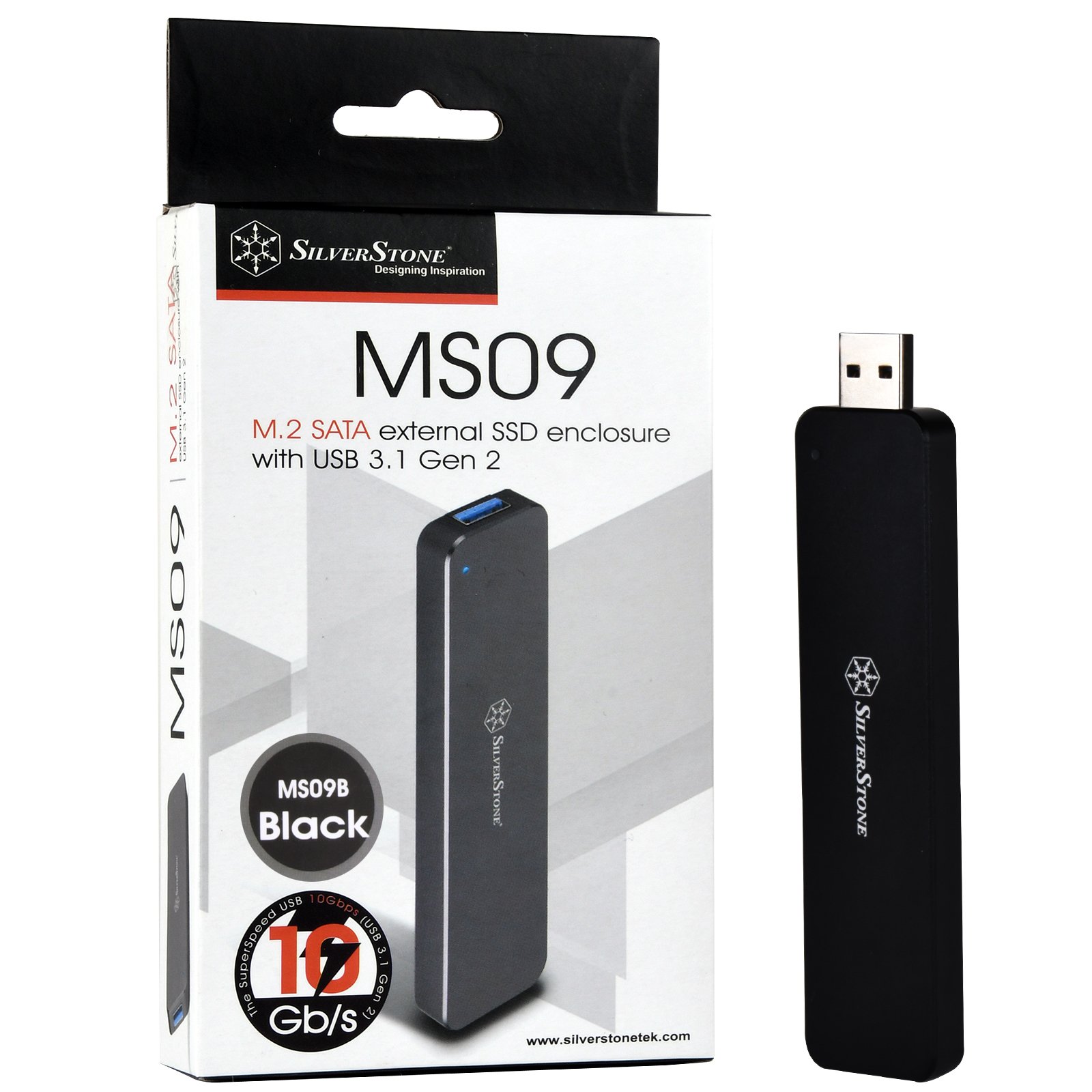 SilverStone Technology M.2 SATA SSD to USB 3.1 Gen 2 Enclosure with retractable aluminum USB Type-A Housing in Black MS09B