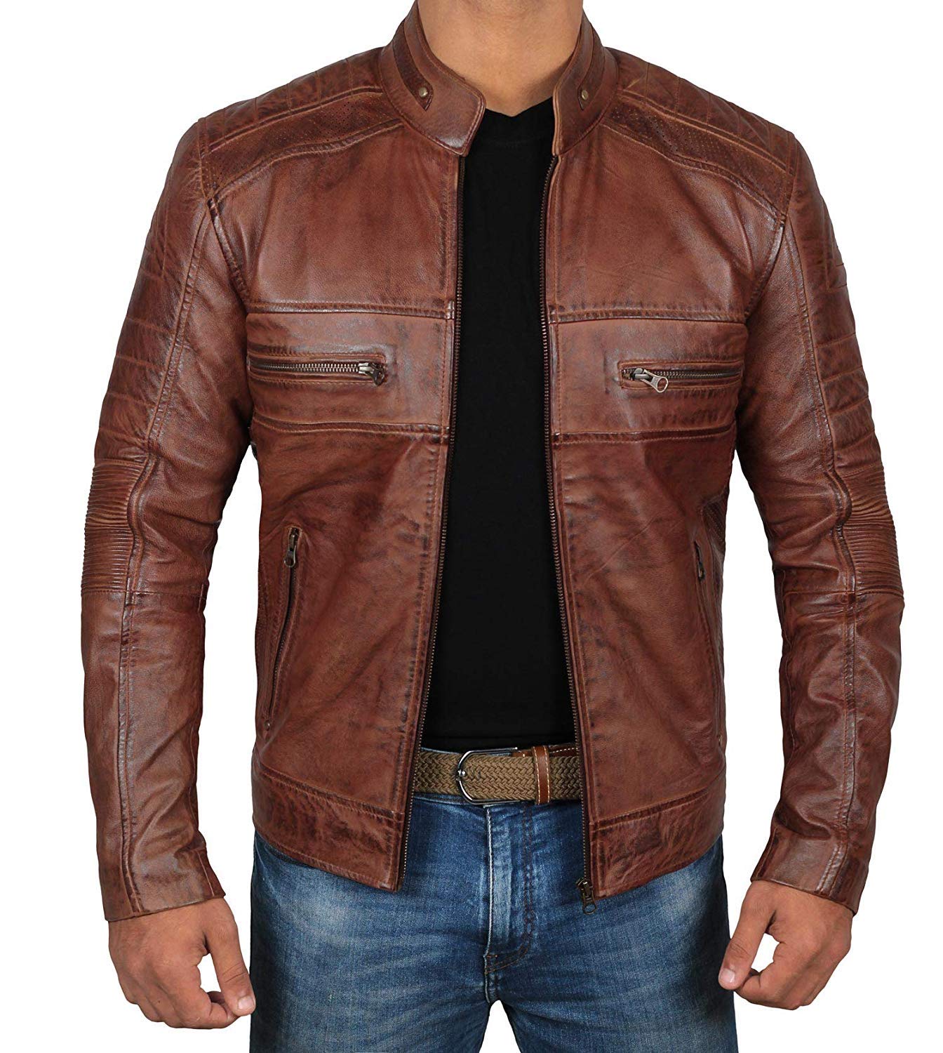 fjacketsCafe Racer Leather Jacket Men - Real Lambskin Natural Grain Leather Motorcycle Jackets For Mens