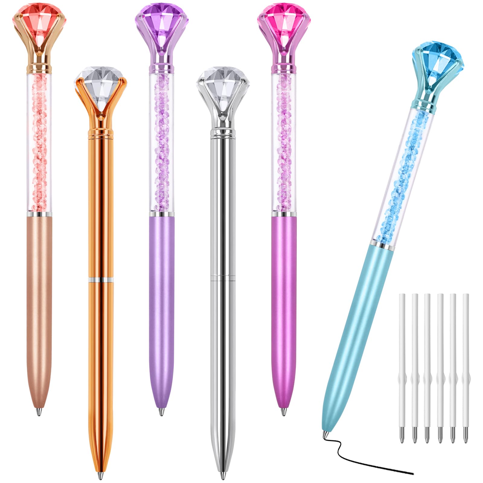 6 Pcs Diamond Pens with Crystal,Pens with Diamonds on Top, Diamond Pens Bulk including Black Ink Pen Refill, Diamond Top Pens for Office School Home