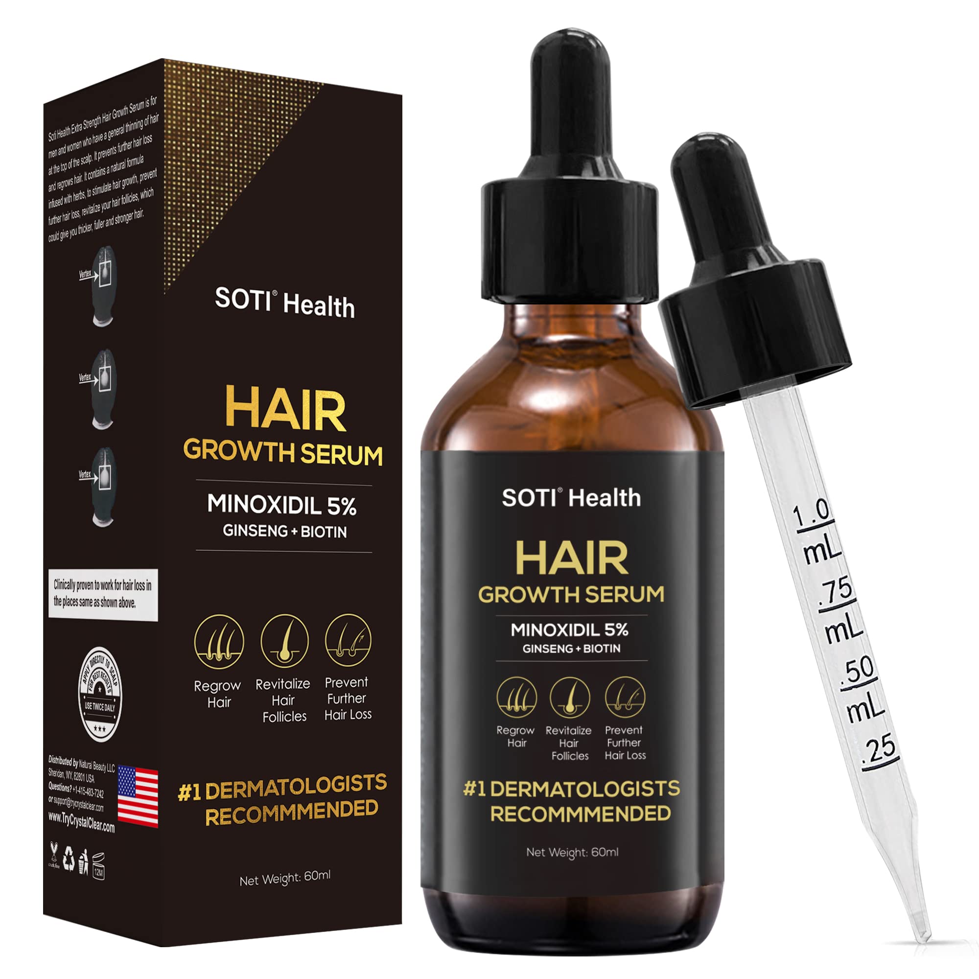 Soti 5% Minoxidil Hair Growth Serum, Hair Regrowth Treatment for Hair Loss with Ginseng, Biotin & Fo-Ti – Clinically Proven for Thicker & Stronger Hair, Dermatologists Recommended, 60ml