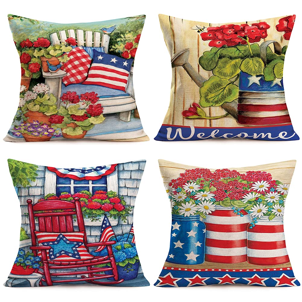 Qinqingo Independence Day 4th of July Decorations Pillow Covers Set of 4 Memorial Patriotic Stars and Stripes Flowers Vases Farmhouse Decor Cushion Case for Home Sofa Couch (4th, 18" x 18")