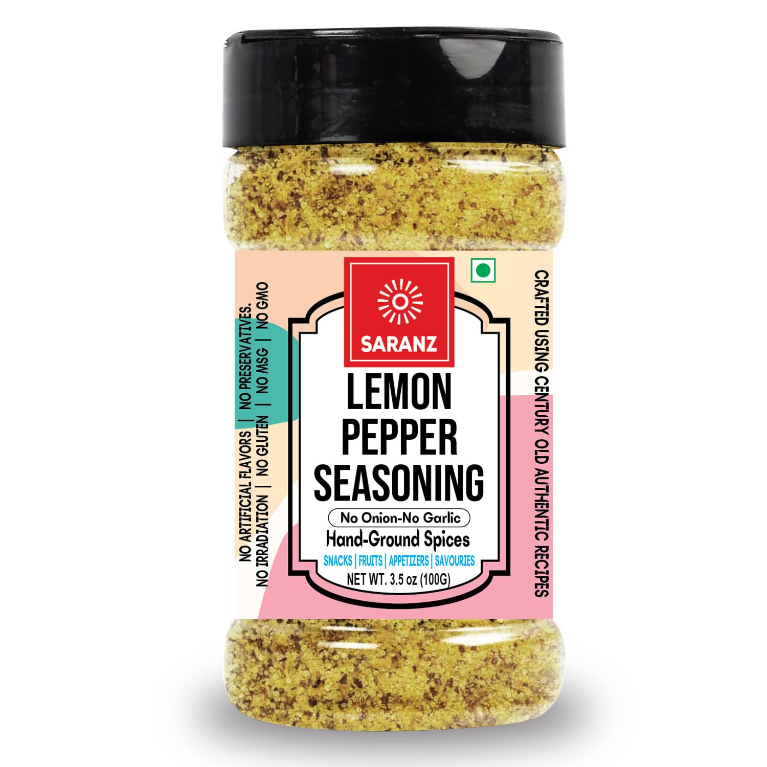 SARANZ Lemon Pepper Mix Jain Exotic Jain Seasoning Perfect for Snacks, Appetizers, Savouries, Entrees, Main Dishes Aromatic and Flavoured Vegan, Dairy Free and Gluten Free Seasonings-100 Grams(SJ)