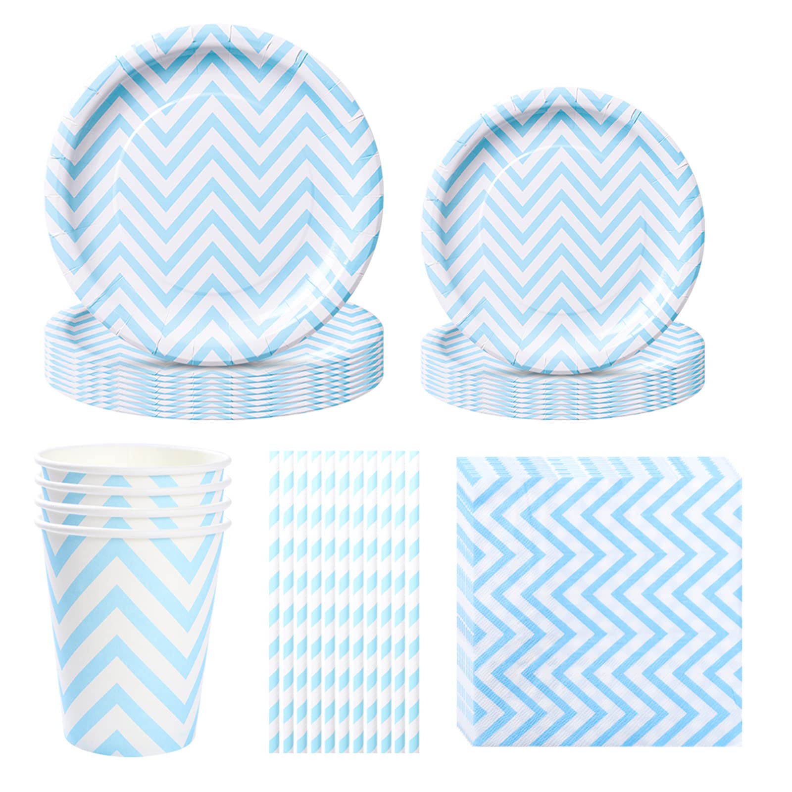 AmycuteBlue Stripes Party Tableware Set, Paper Plates Cups Straws and Napkins for Wedding Anniversary Kids Birthday Baby Shower 16 Guests