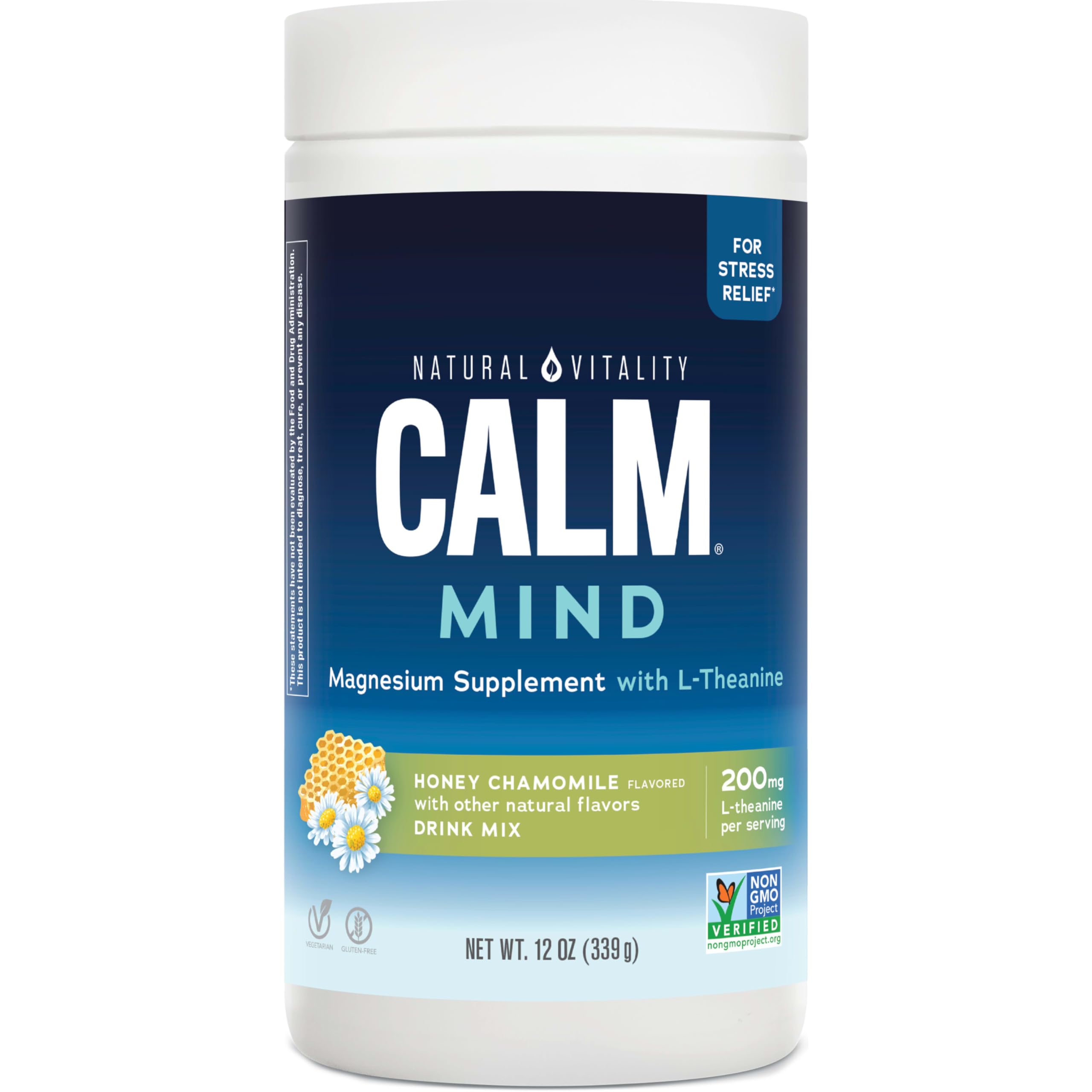 Natural Vitality Calm Mind, Magnesium Citrate + L-Theanine Powder, Supports a Healthy Response to Stress, Gluten Free & Vegetarian, Honey Chamomile, 12 oz.