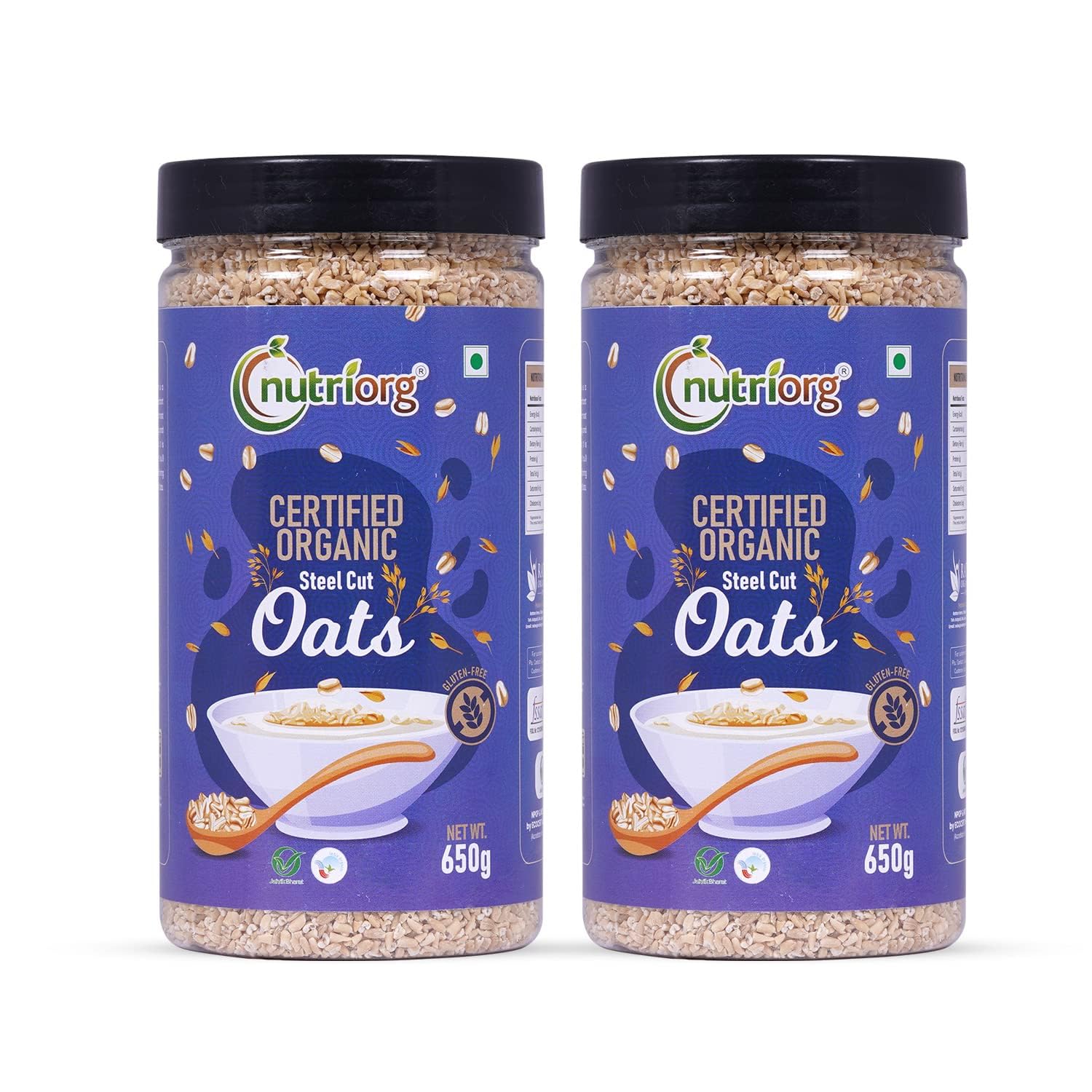 nutriorgCertified Organic Raw Steel cut Oats 1300g (Pack of 2 * 650g) | Gluten Free | For Weight Loss | Fiber Rich