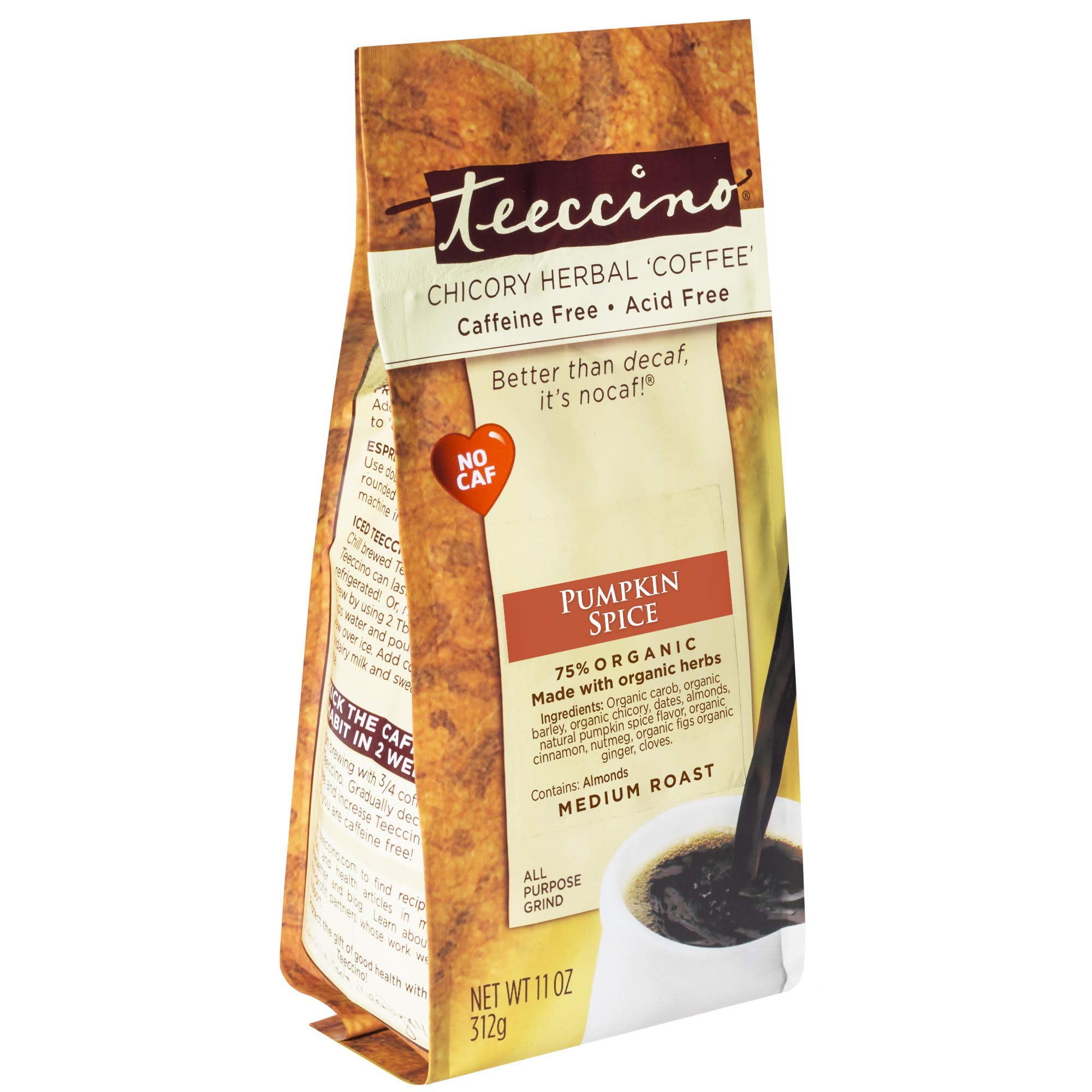 Teeccino Chicory Coffee Alternative – Pumpkin Spice – Fall’s Favorite Hot Beverage That’s Prebiotic, Caffeine-Free & Acid Free, Medium Roast, 11 Ounce