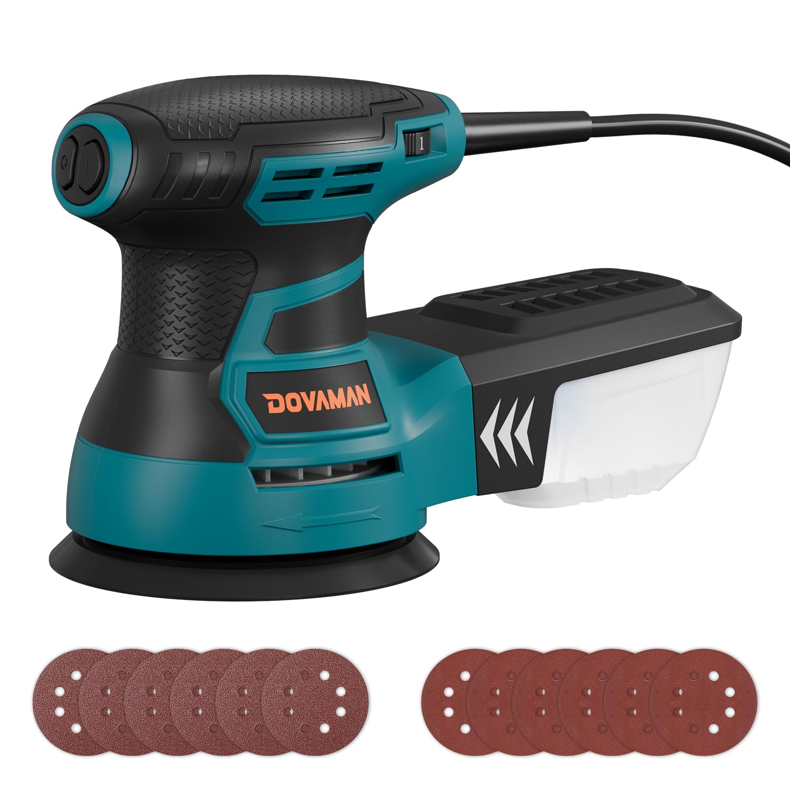 DOVAMAN ROS01A Orbital Sander, 3A Random Orbit Sander, 6 Variable Speeds, Up to 13000 rpm, 12pcs Sandpapers, 5in Sanding Pad, Dust Collection, Electric Sander Perfect for Woodworking