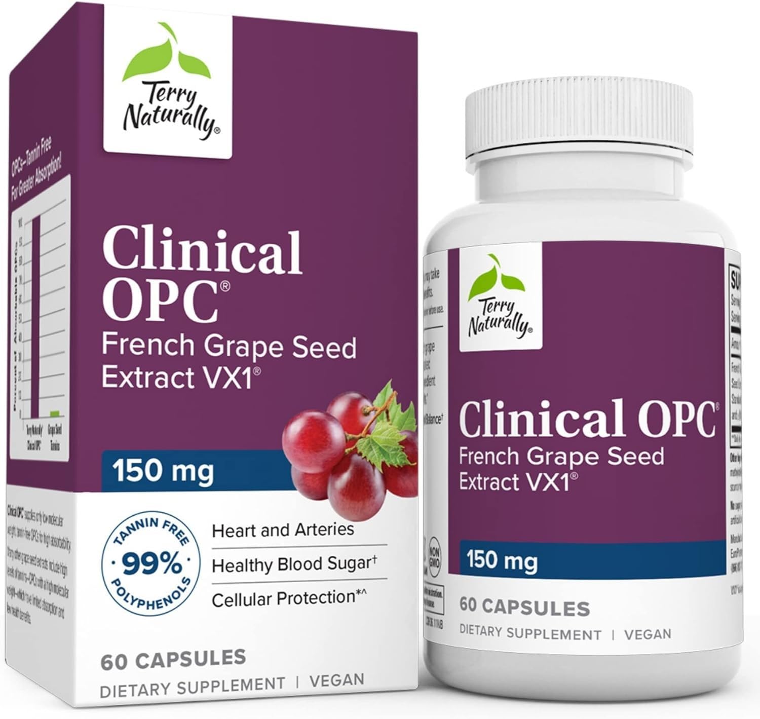 Terry Naturally Clinical OPC 150 mg - 60 Vegan Capsules - French Grape Seed Extract Supplement - Antioxidant - Non-GMO, Gluten Free - 60 Servings