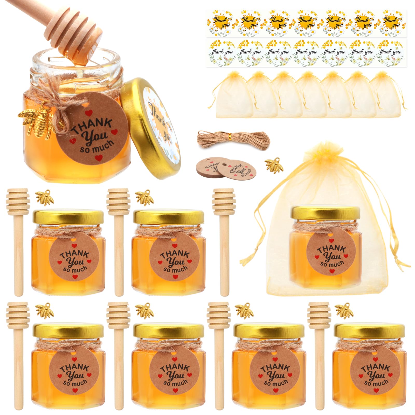 1.5 oz Mini Glass Honey Jars, Honey Jars Party Favors in Bulk, Honey Jars with Dipper,Stickers,Gold Lid,The Golden Bee pendant,Gift Bags and Jute,for Baby Shower,Wedding Party Favor（8 pcs)