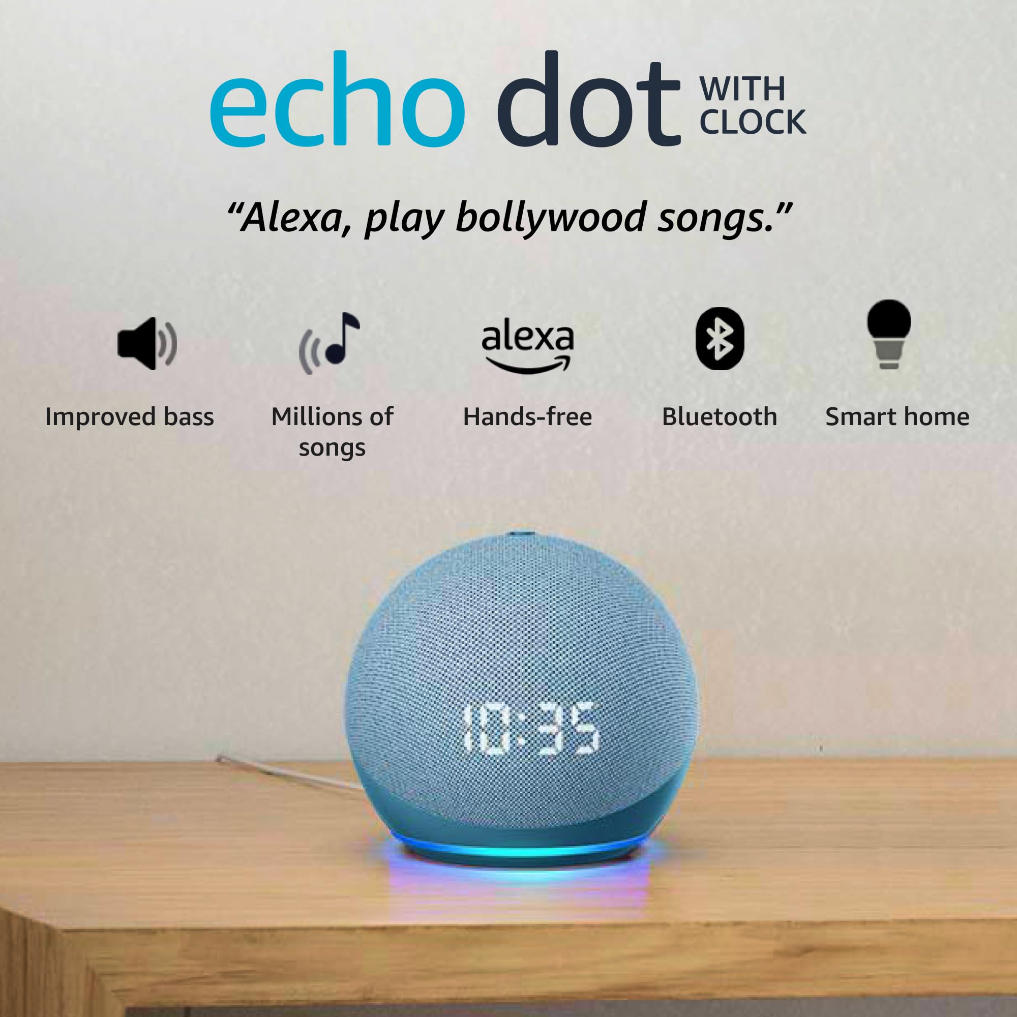 Amazon Echo Dot 4th Gen with clock | Smart speaker with powerful bass, LED display and Alexa (Blue)