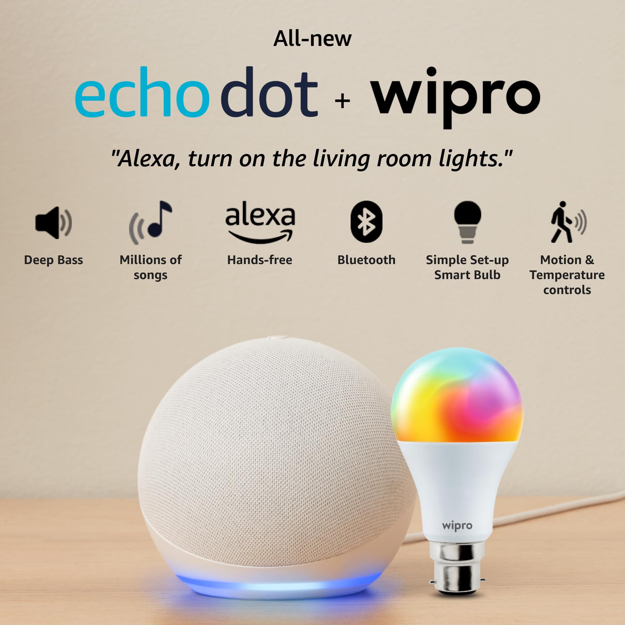 Amazon Echo Dot (5th Gen, White) Combo with Wipro Simple Setup 9W LED Smart Color Bulb